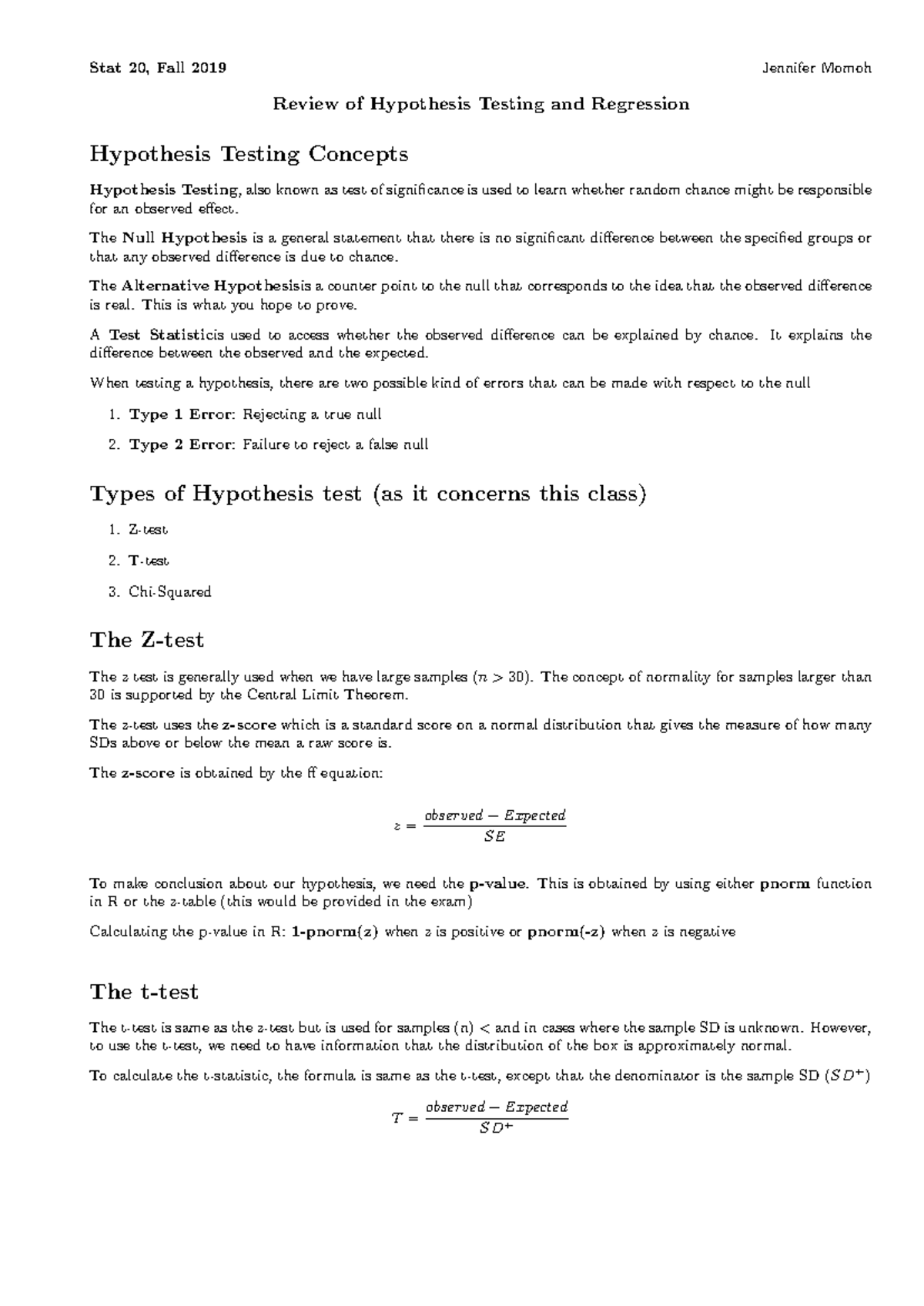 Hypothesis Testing and Regression - Stat 20, Fall 2019 Jennifer Momoh ...