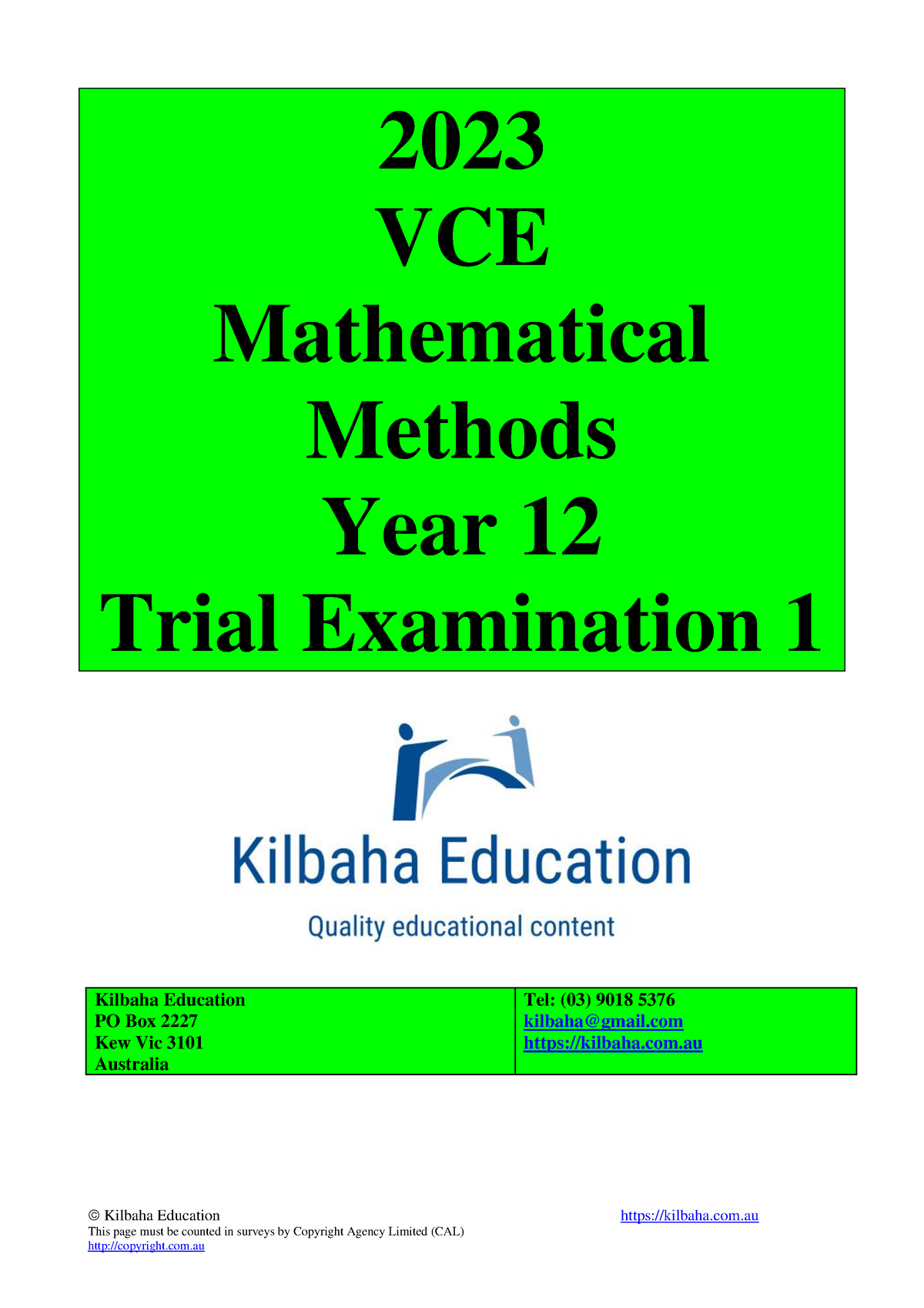 2023 Kilbaha VCE Mathematical Methods Units 3 And 4 Trial Examination 1 ...