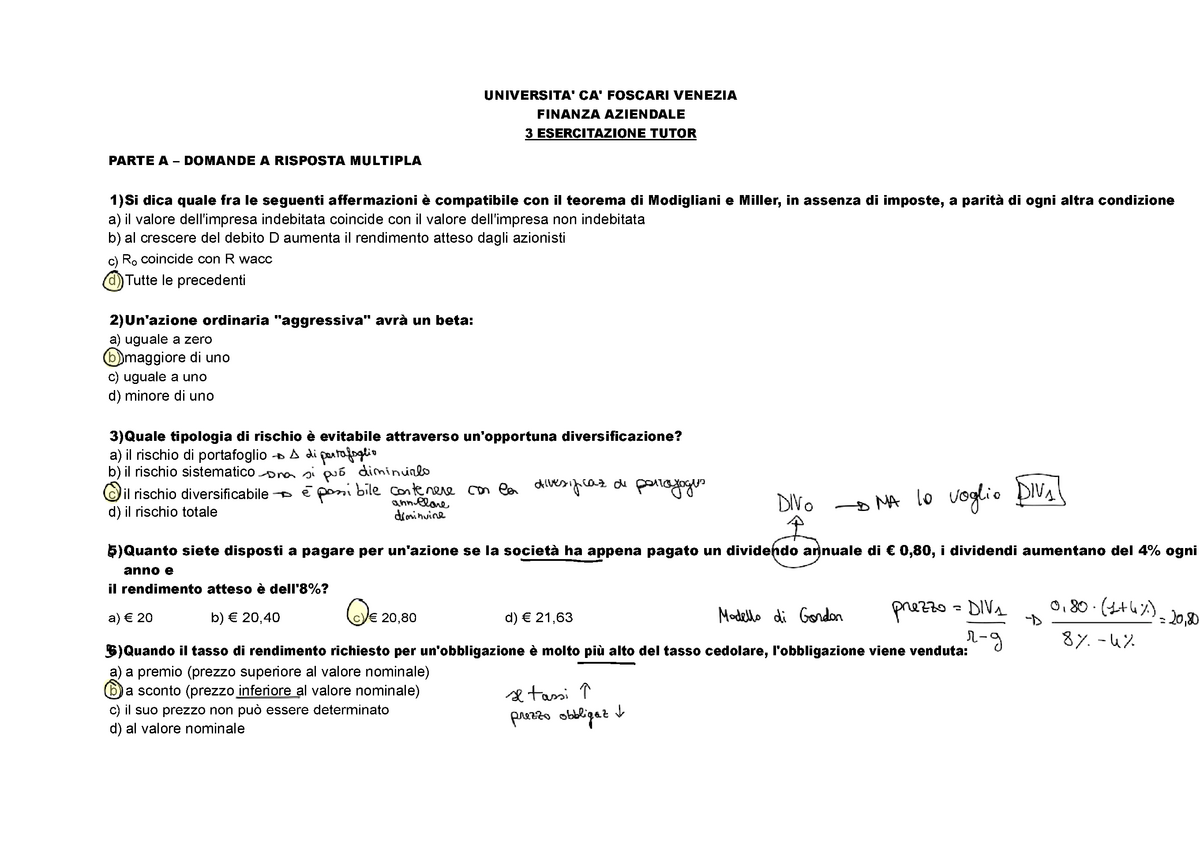 Formulario Finanza Aziendale - FORMULARIO FINANZA AZIENDALE F+ ΔP P0 -  RENDIMENTO DI UN'ATTIVITA' : - Studocu