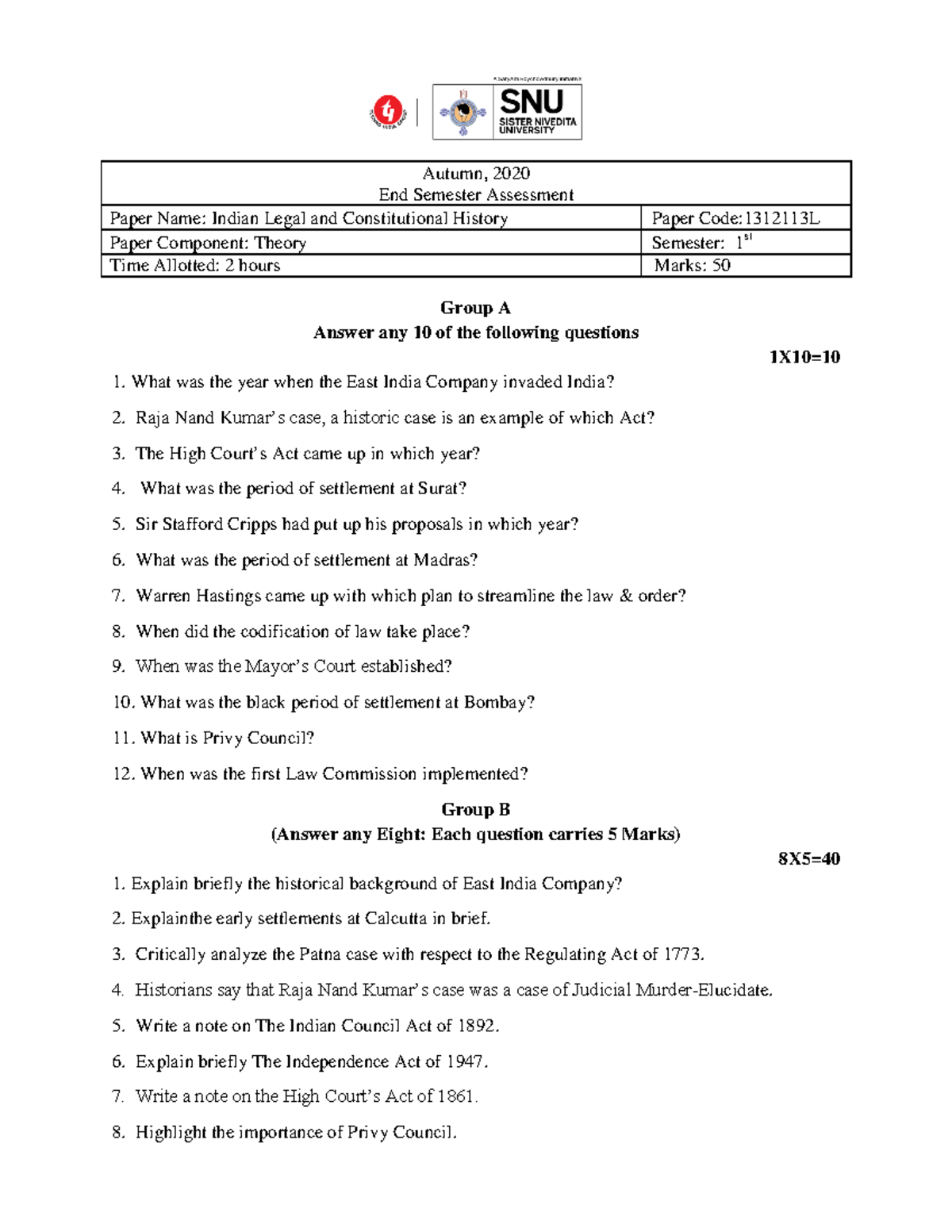 Indian Legal and Constitutional History 1312113 L Autumn, 2020 End Semester Assessment Paper