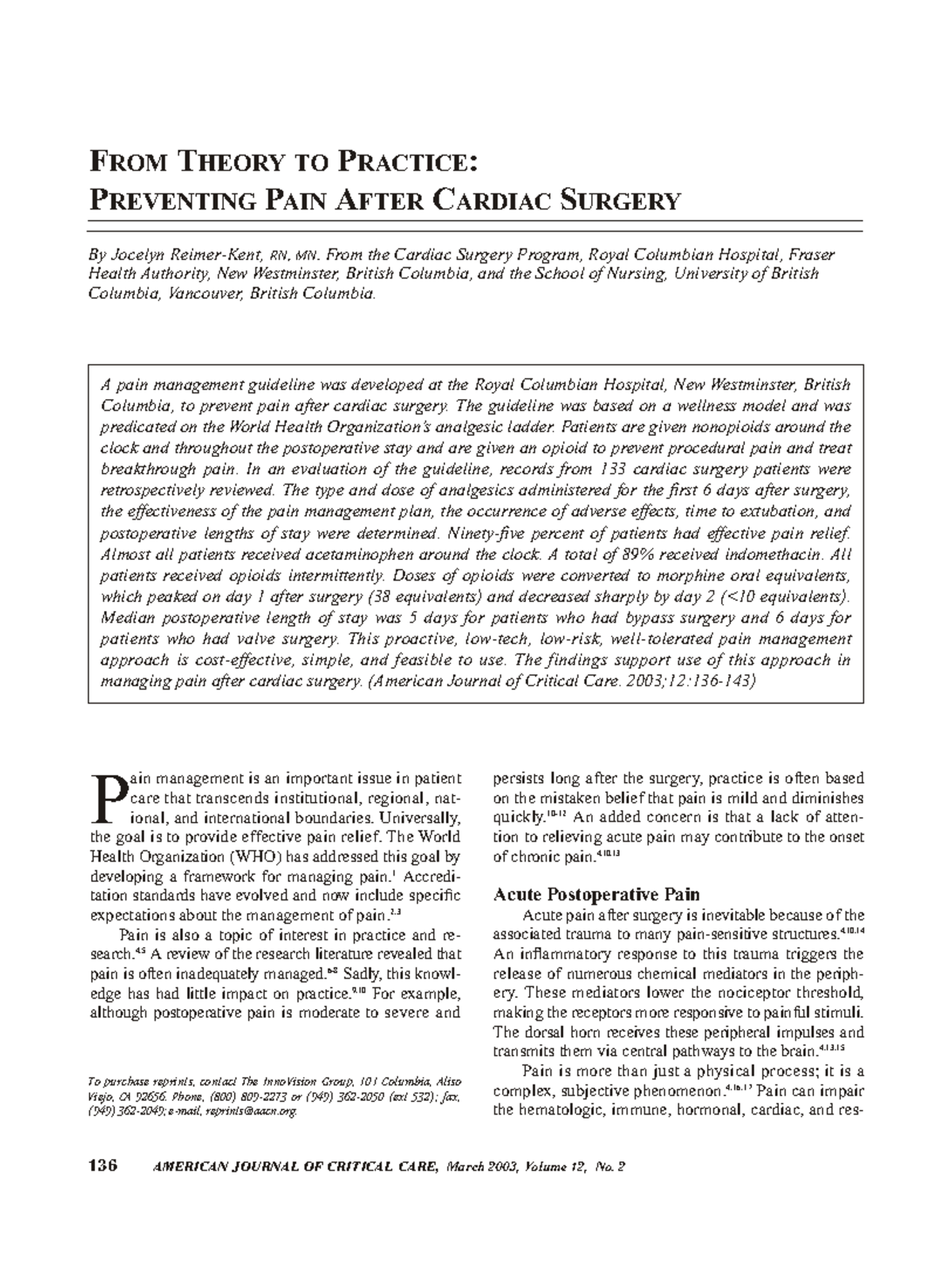 Preventing PAIN After Cardiac Surgery A pain management guideline was
