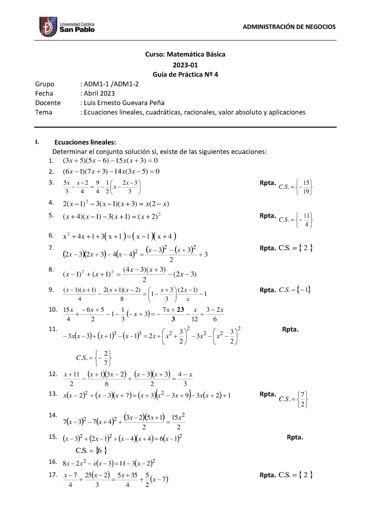 2023-01 MB-ADM GUIA 4 Ecuaciones - Aplicaciones - Curso: Matem·tica B ...