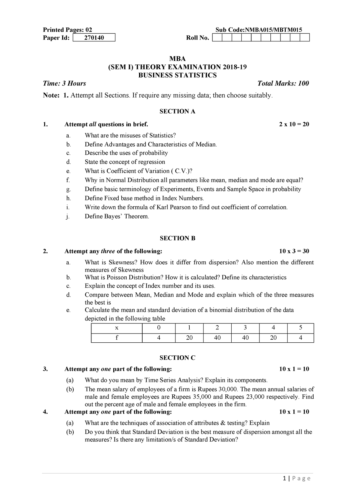 Mba 1 sem business statistics nmba015 2019 - 1 | P a g e Printed Pages ...