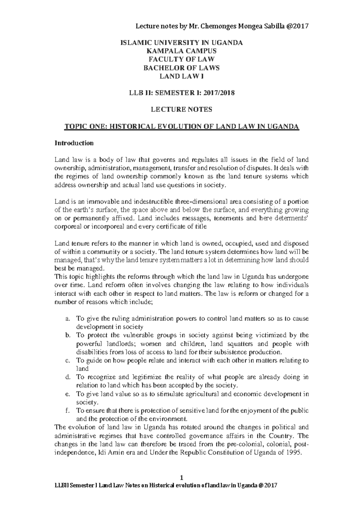 Historical Evolution OF LAND LAW IN Uganda LAND 1 Notes 1 ISLAMIC