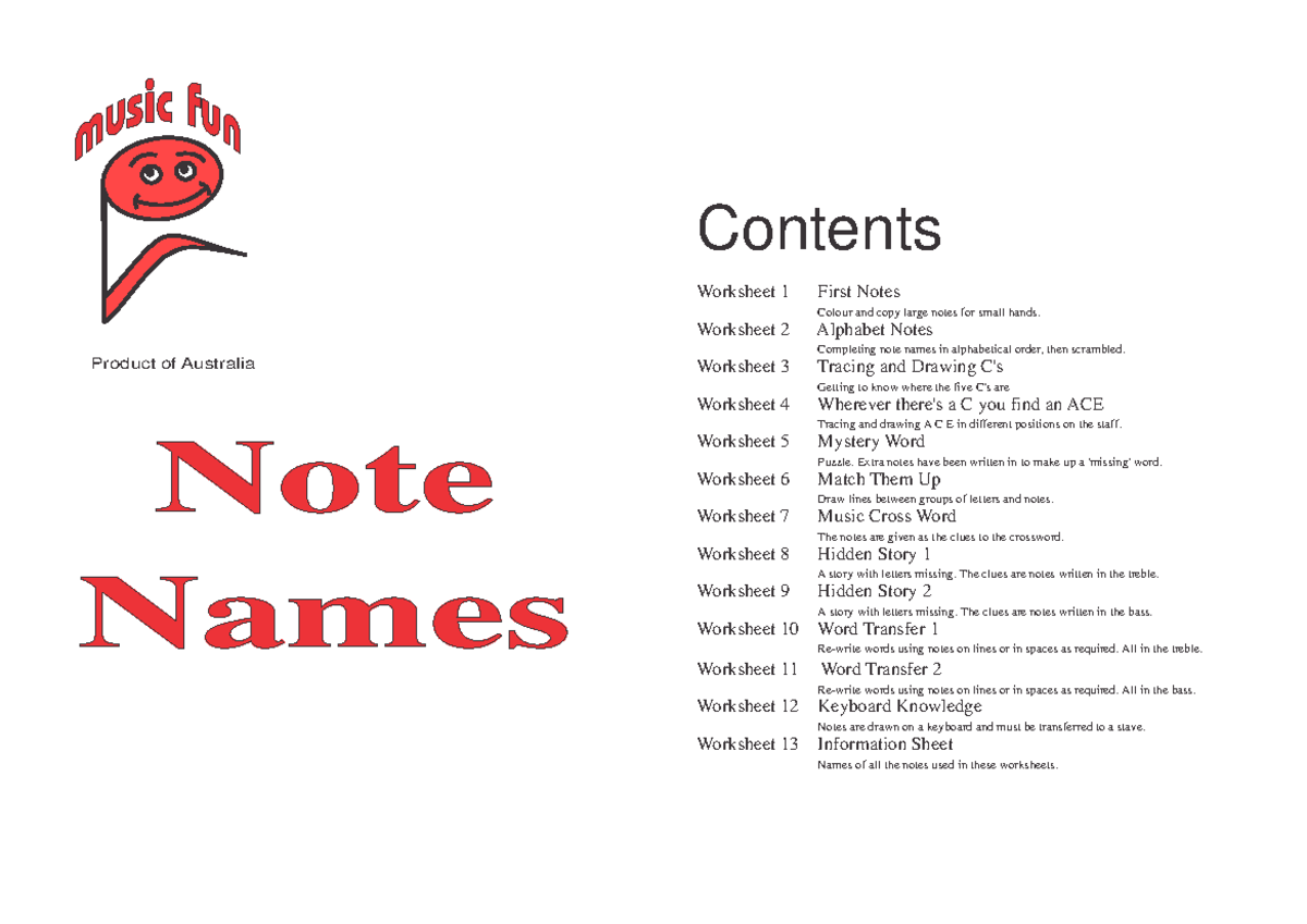 Note names - Music Materials - Note Names ####### Contents Worksheet 1 ...