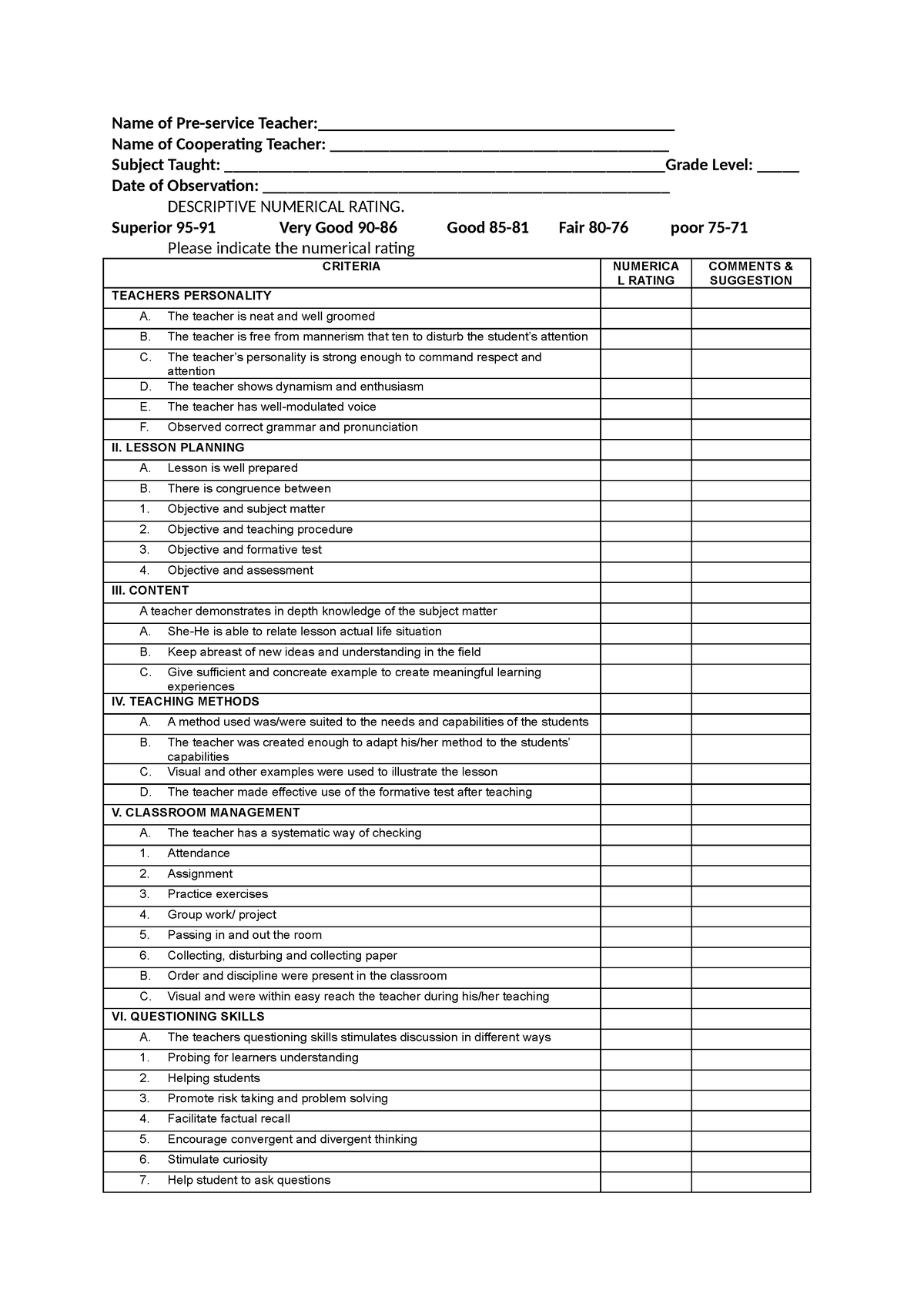 Rating - Name of Pre-service Teacher ...