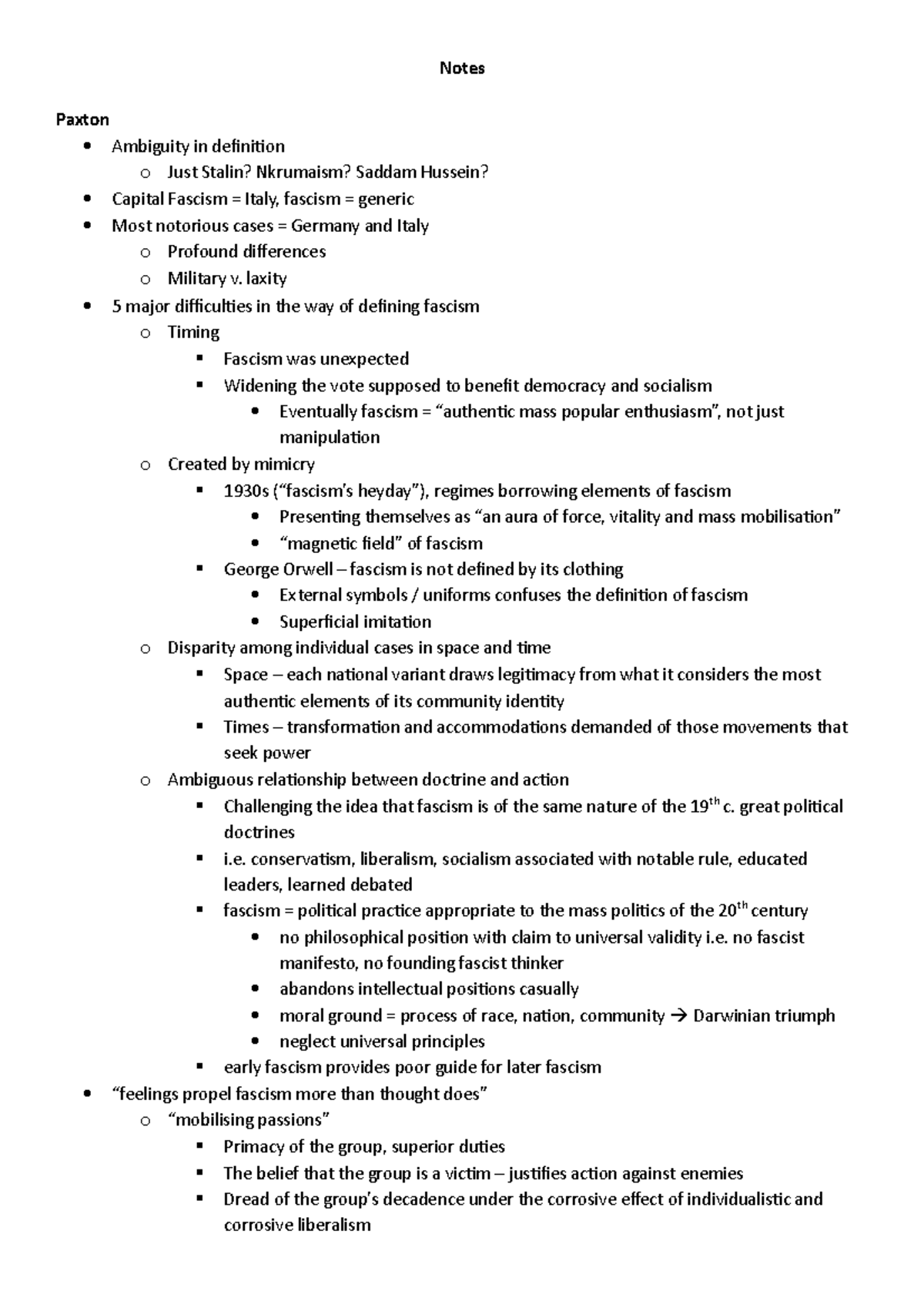 Notes On Fascism Definitions - Notes Paxton Ambiguity In Definition O ...