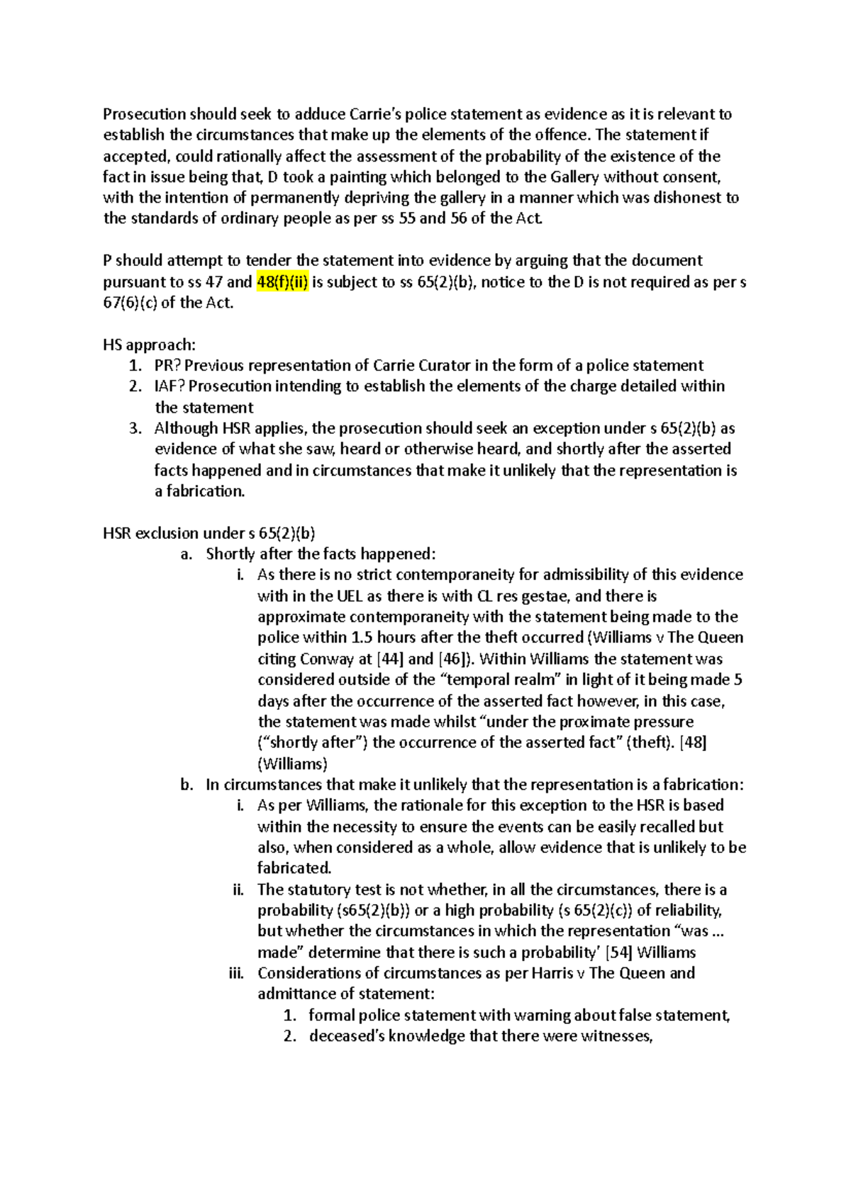 Assessment 1 - Defence - Prosecution should seek to adduce Carrie’s ...