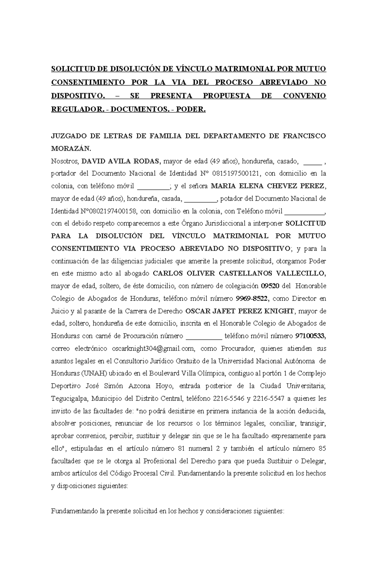 Divorcio Mutuo David Avila Solicitud De DisoluciÓn De VÍnculo