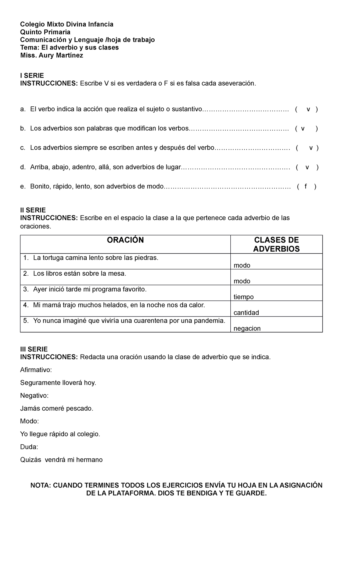 Ejercicio DE Adverbio Y SUS Clases - Colegio Mixto Divina Infancia ...