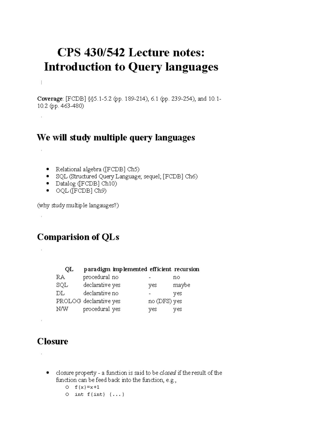 2008-2009 Lecture Notes 15 - Introduction to Query languages - CPS 430/ ...
