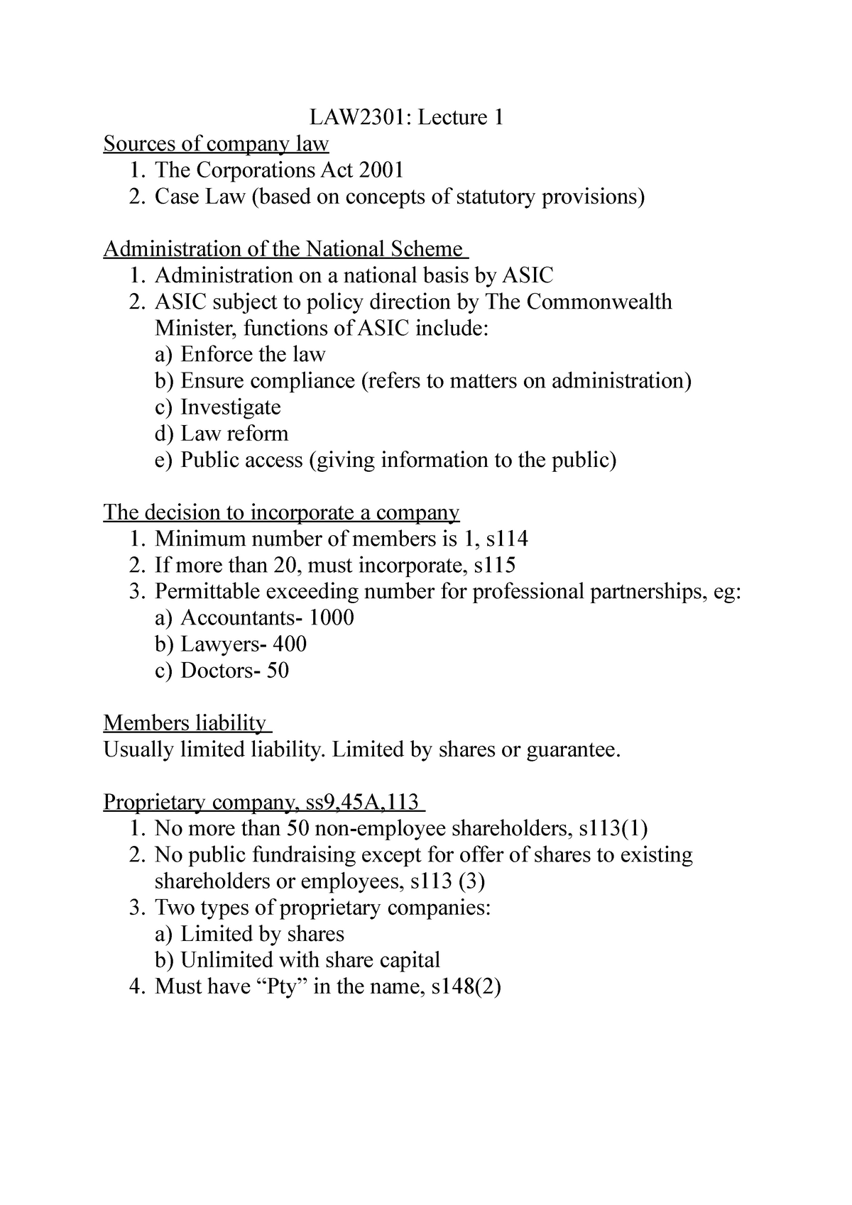 company-law-notes-law2301-lecture-1-sources-of-company-law-the-corporations-act-2001-case-law