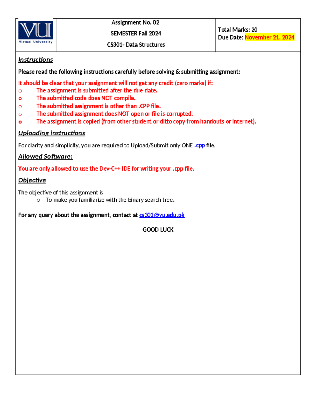 Fall 2024 CS301 2 - Everyone - Assignment No. 02 SEMESTER Fall 2024 ...