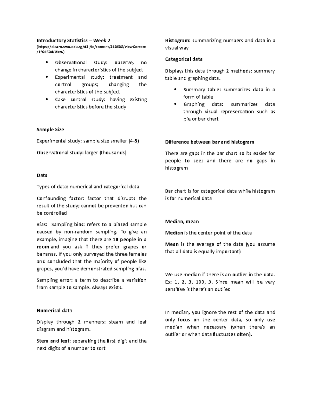 Intro Stats Lecture Note week 1-5 SUMMARY - Introductory Statistics ...
