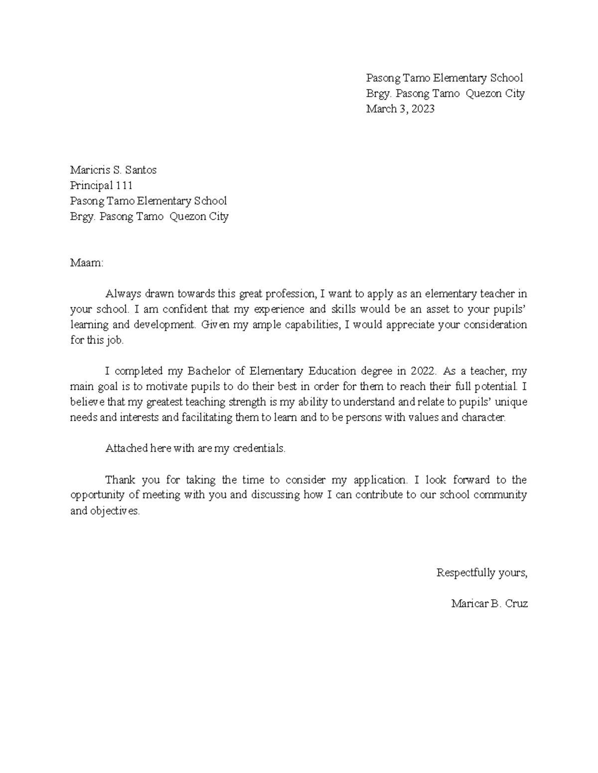 Application letter - Pasong Tamo Elementary School Brgy. Pasong Tamo ...