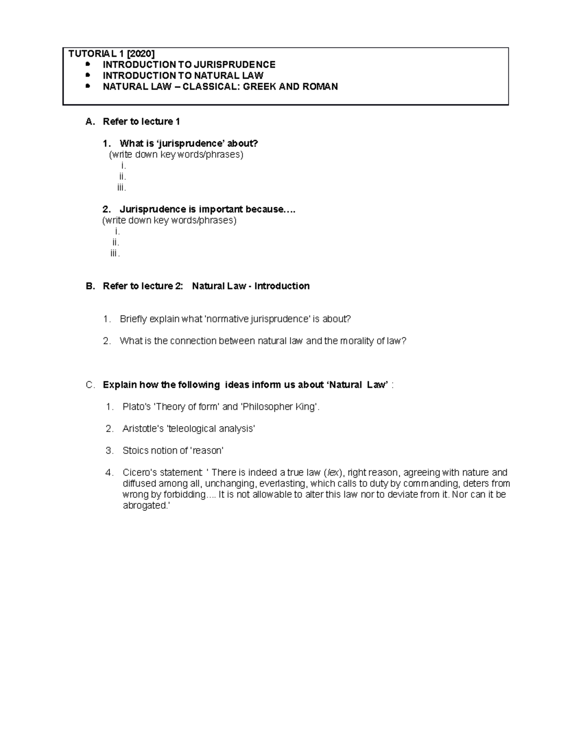 Tutorial 1 [2022] - Introduction - Jurisprudence AND Natural LAW ...
