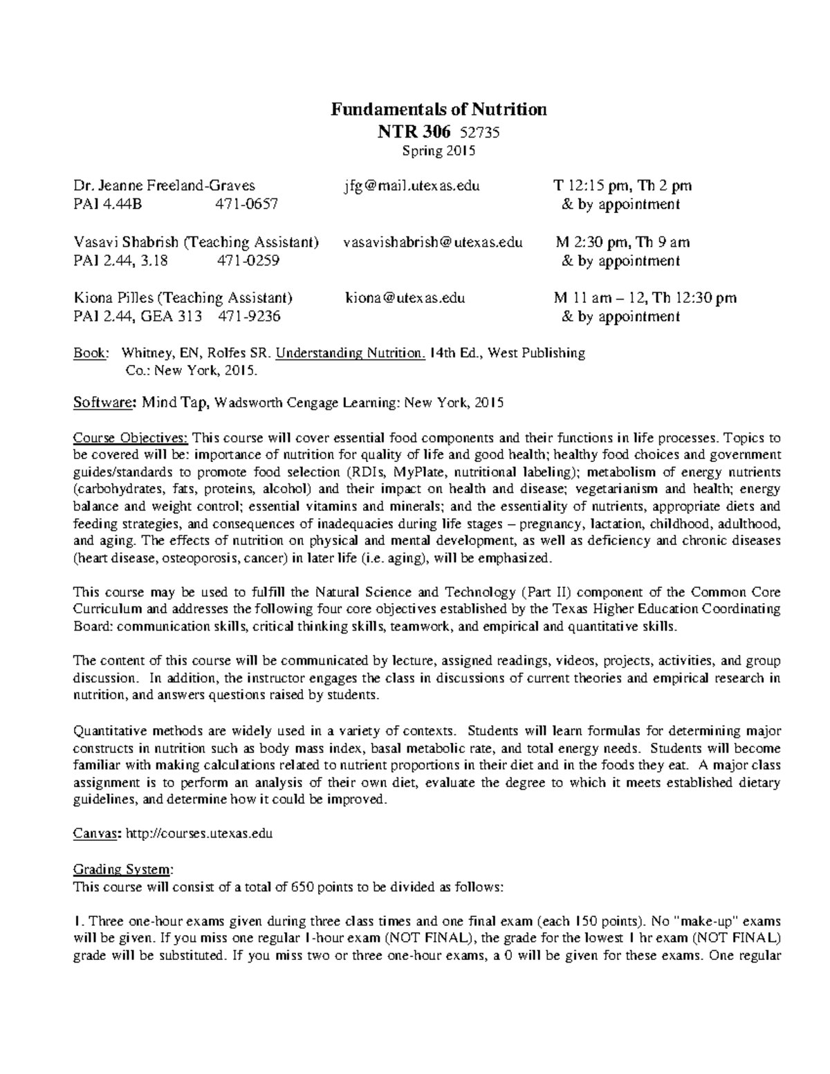 NTR306 Syllabus Jan22 15 - Fundamentals of Nutrition NTR 306 52735 ...
