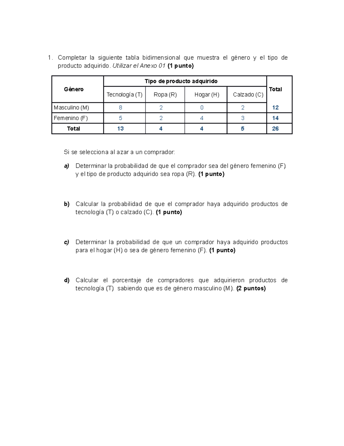 Estadistica, pregunta 2 1. Completar la siguiente tabla bidimensional