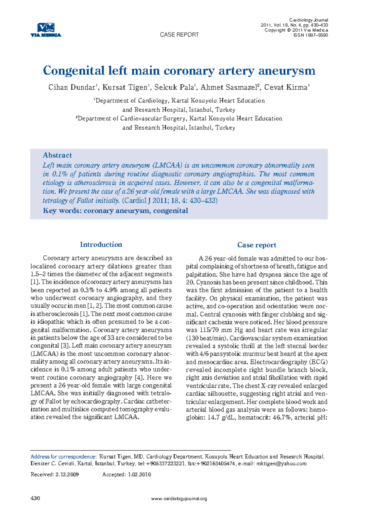 Aneurisma articulo CASE REPORT Cardiology Journal 2011, Vol. 18, No. 4, pp. 430 Copyright