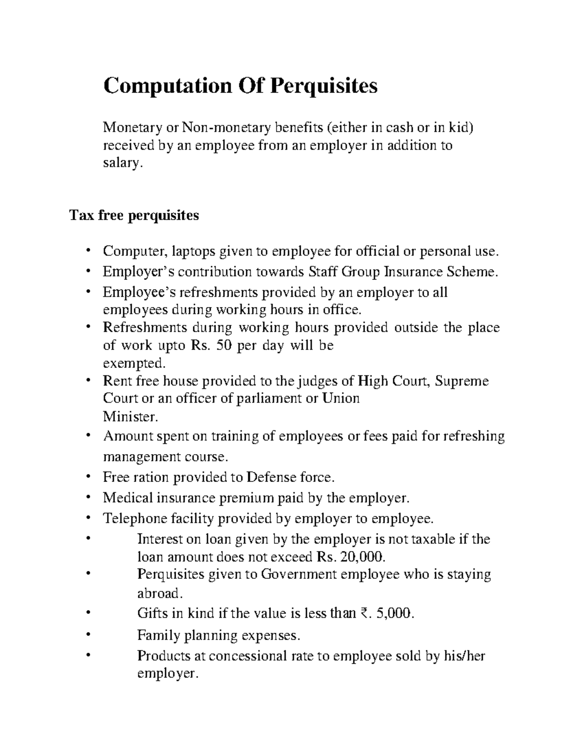 Computation Of Perquisites - Computation Of Perquisites Monetary or Non ...