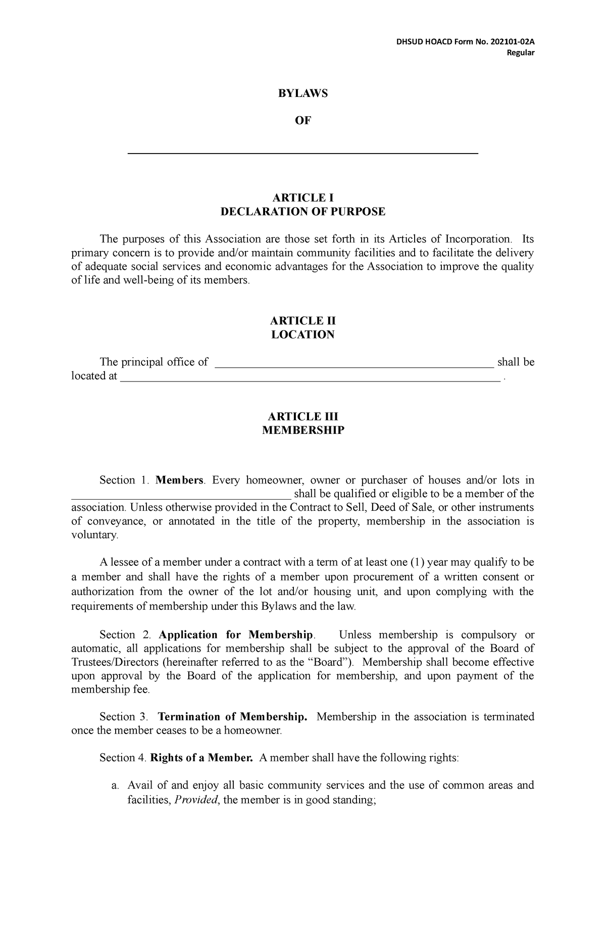 Bylaws REG V.nov 2021 - None - DHSUD HOACD Form No. 202101-02A Regular ...