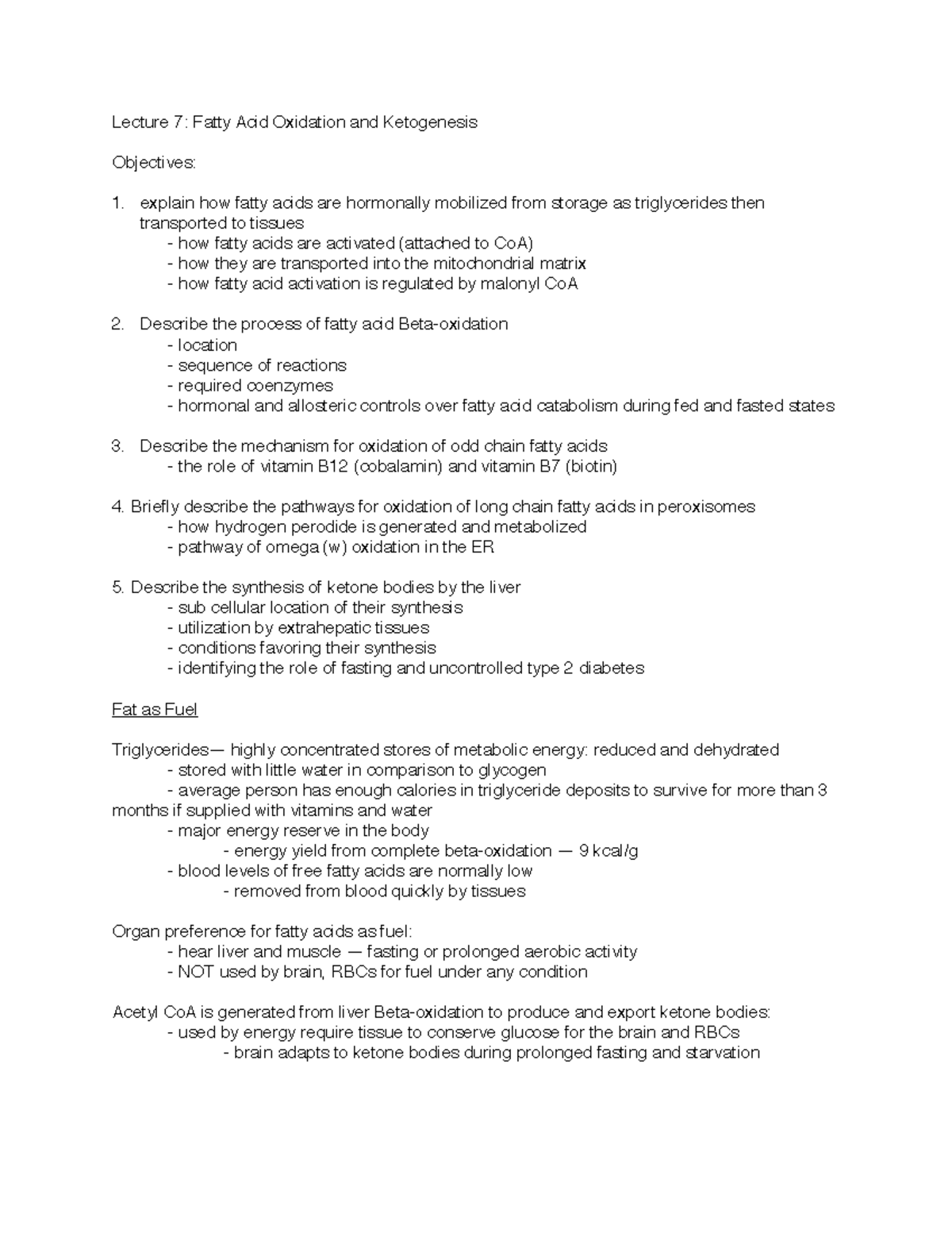 Lecture 7 - BIO 473 - Lecture 7: Fatty Acid Oxidation and Ketogenesis ...