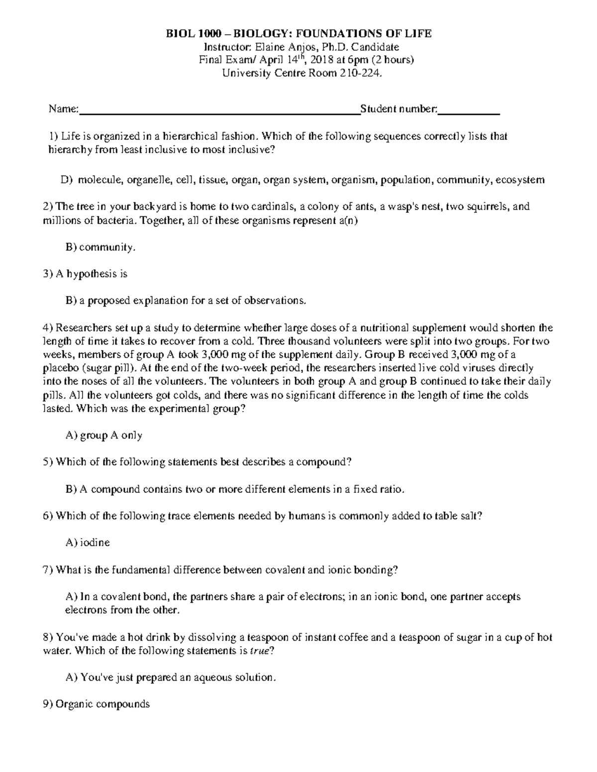 FINAL 14 April 2018, questions and answers - BIOL 1000 – BIOLOGY ...