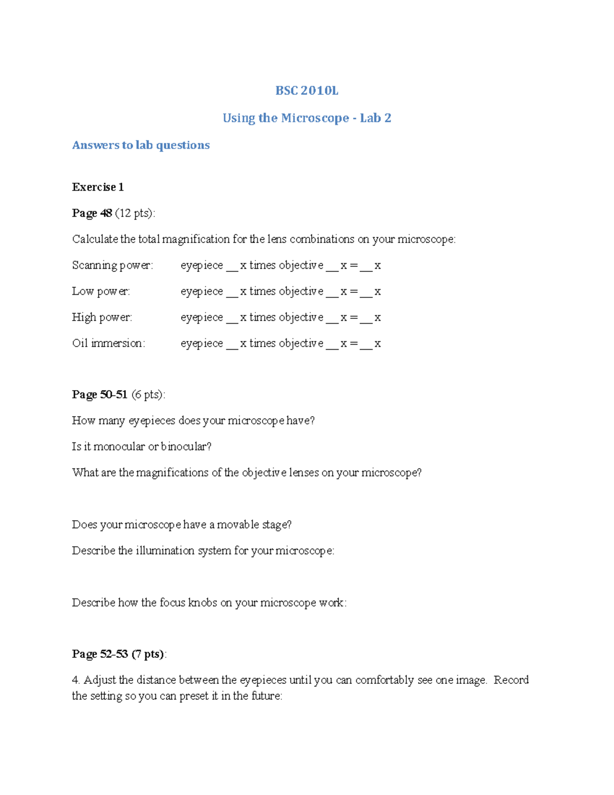 BSC 2010 L Lab 2 (Microscope) Questions - BSC 2010L Using The ...