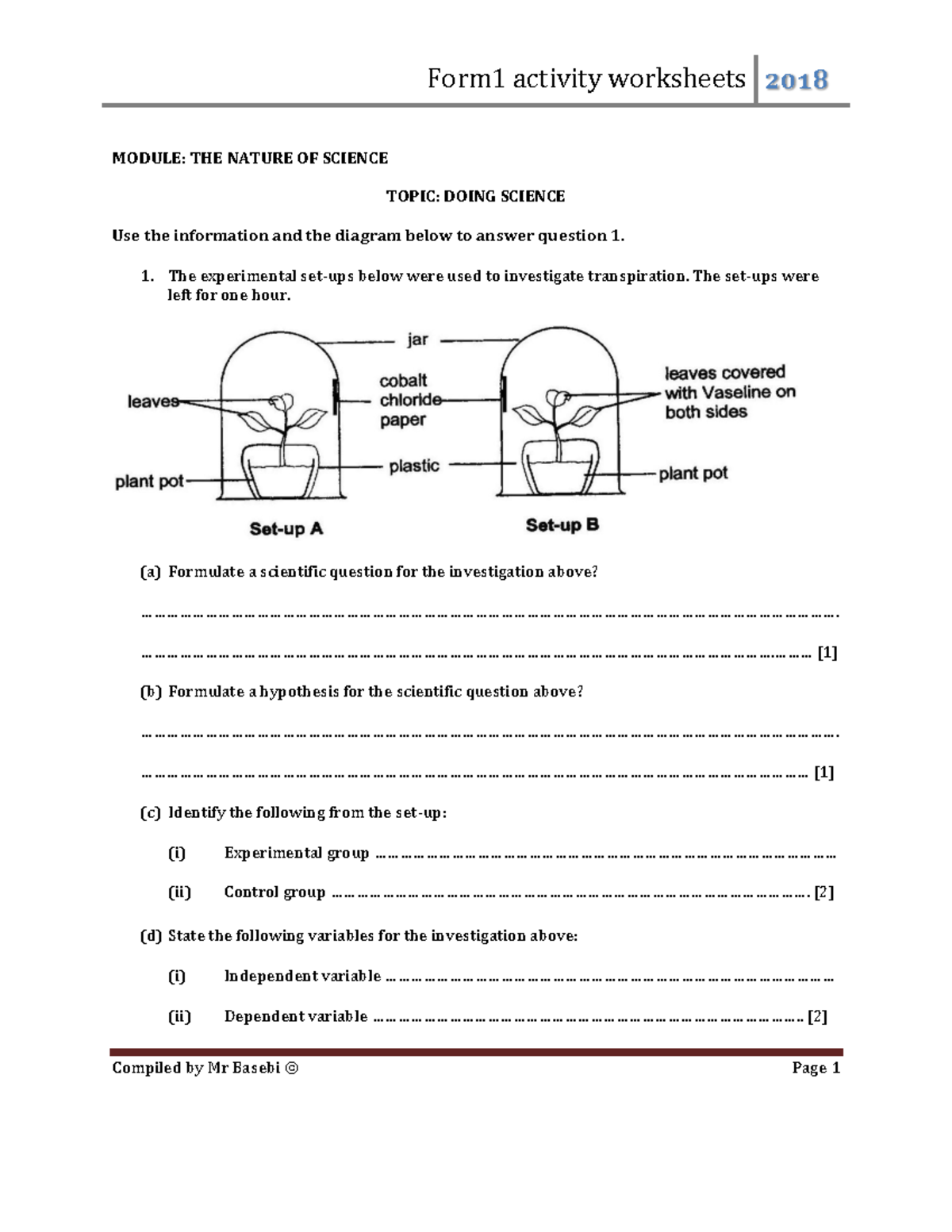 Form 1 Revision material - MODULE: THE NATURE OF SCIENCE TOPIC: DOING ...