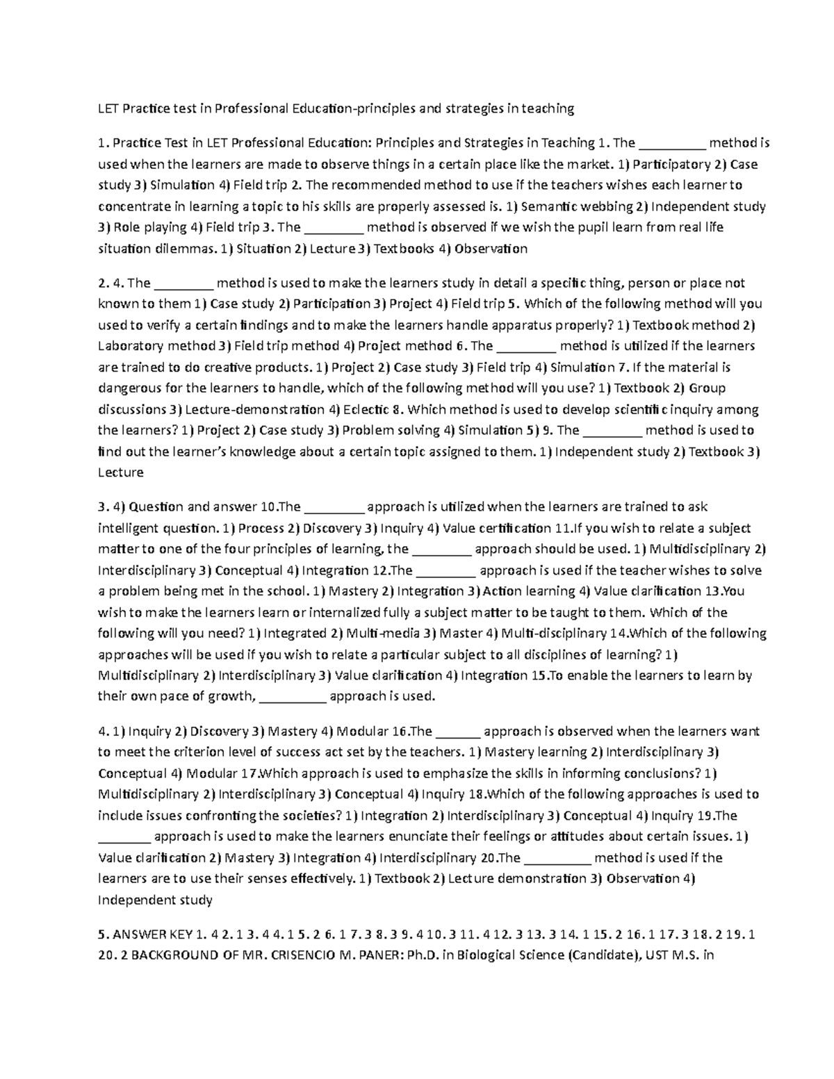 Quiz 10 July 2019, questions - LET Practice test in Professional ...