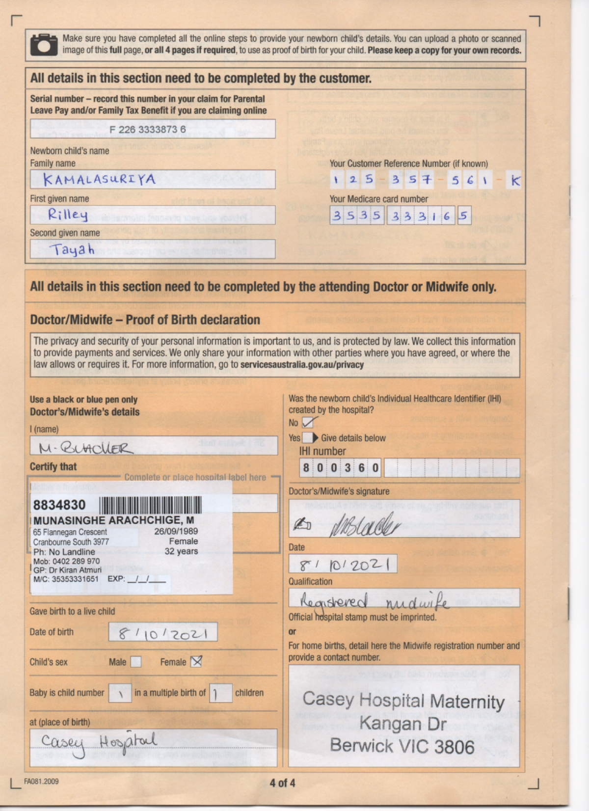 Midwife - Proof of Birth declaration for ch - MLL213 - Studocu
