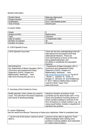 [Solved] Life orientation lesson plan for Grade 9 that includes ...