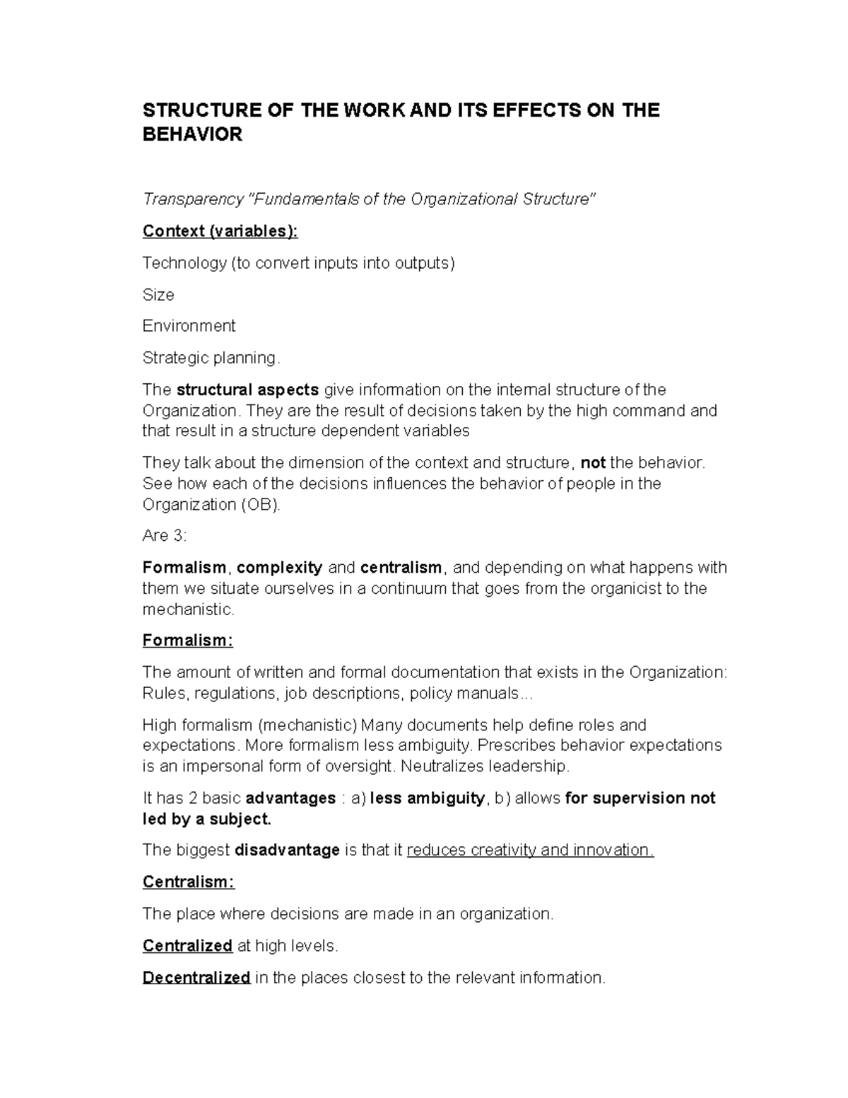 Structure of the work and its effects on the behavior - STRUCTURE OF ...