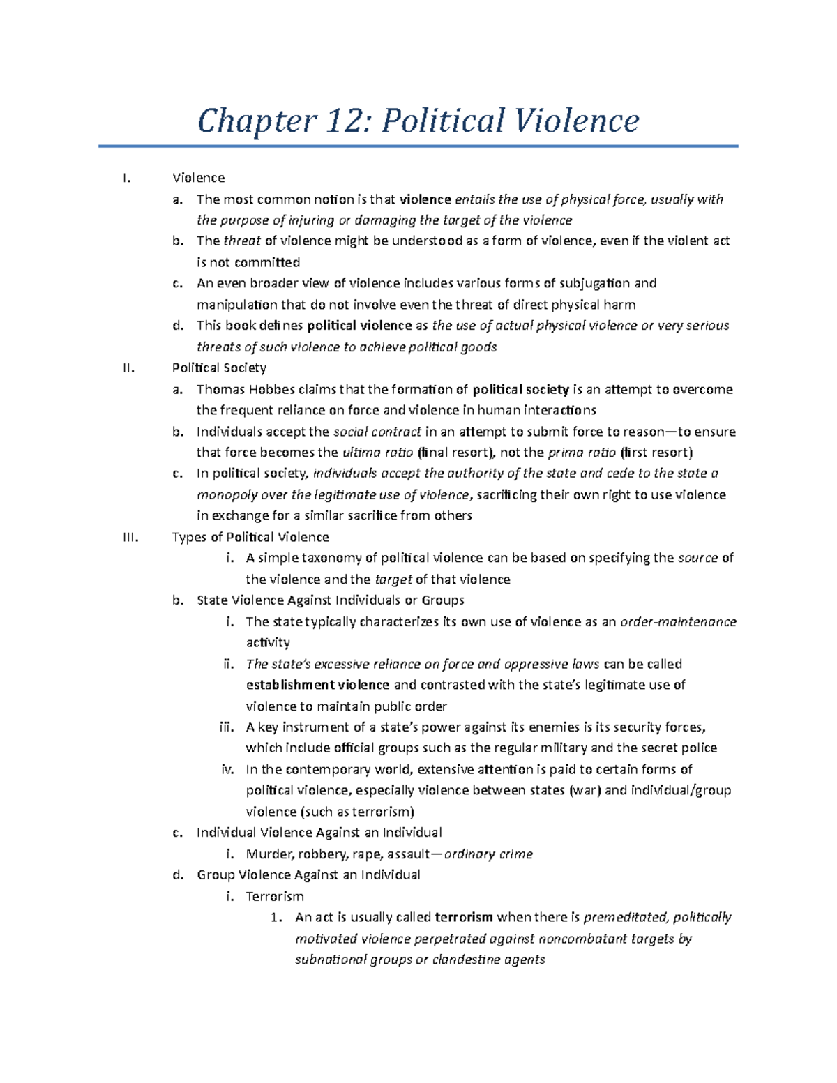 Chapter 12 - Lecture notes 1 - Chapter 12: Political Violence I. II ...