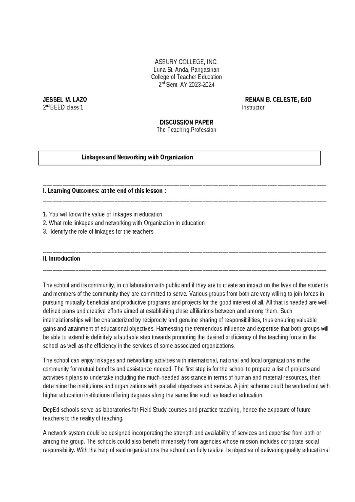 Discussion Paper The Teaching Profession - ASBURY COLLEGE, INC. Luna St ...