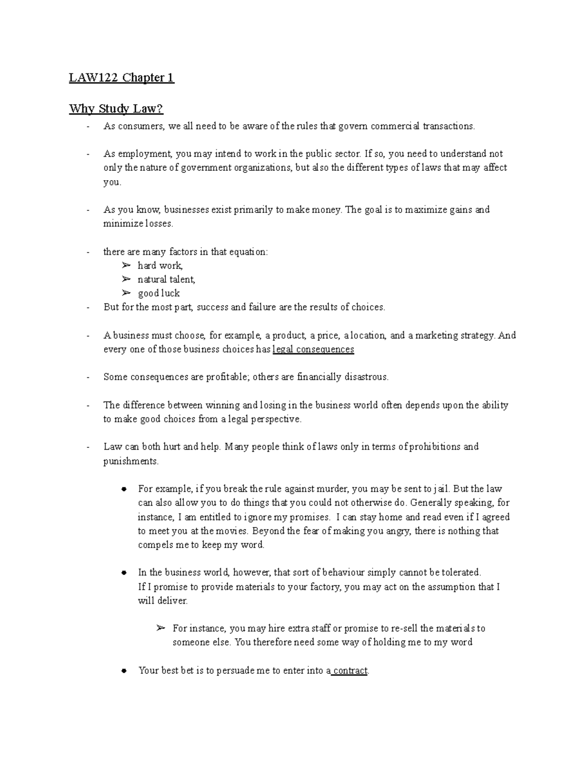LAW122 Chapter 1 Notes - LAW122 Chapter 1 Why Study Law? As consumers ...