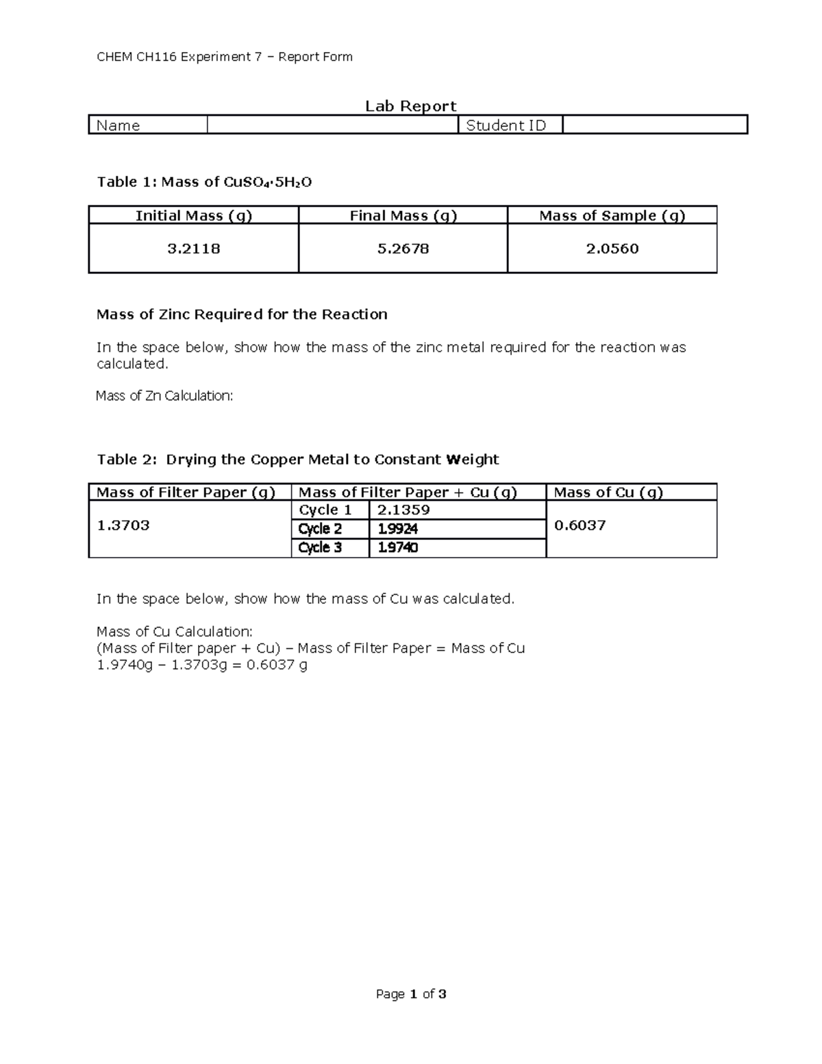 Experiment 7 Lab Report 2 CHEM CH116 Experiment 7 Report Form Lab Report Name Student ID