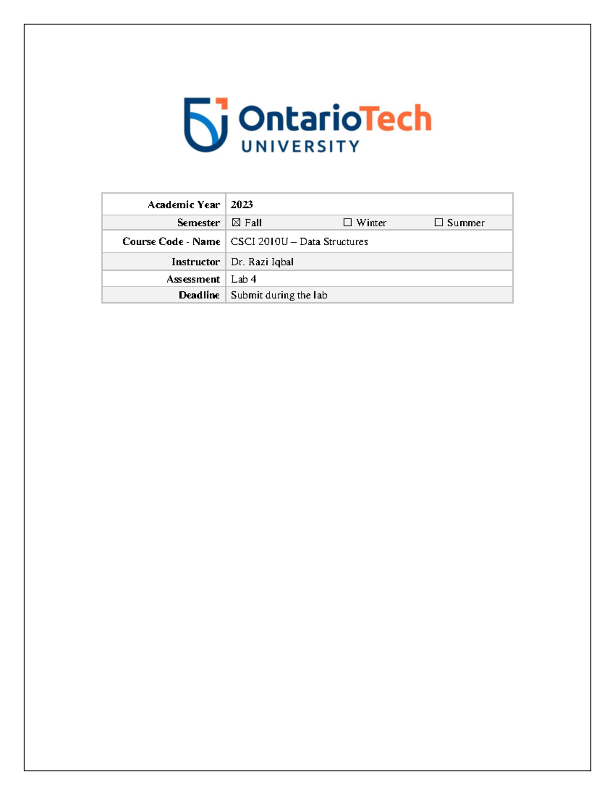 Lab 4-1 - Lab 4 for data structures at ontario tech university 2023 ...