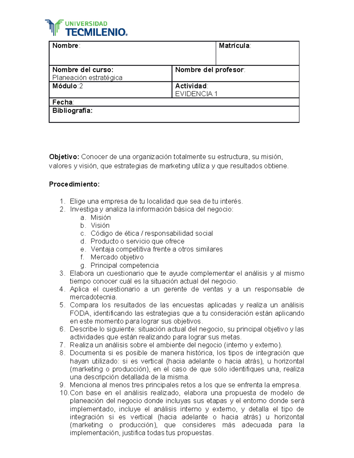 Evidencia 1 Planeaci n estrat gica.docx - Nombre: Matrícula: Nombre del ...