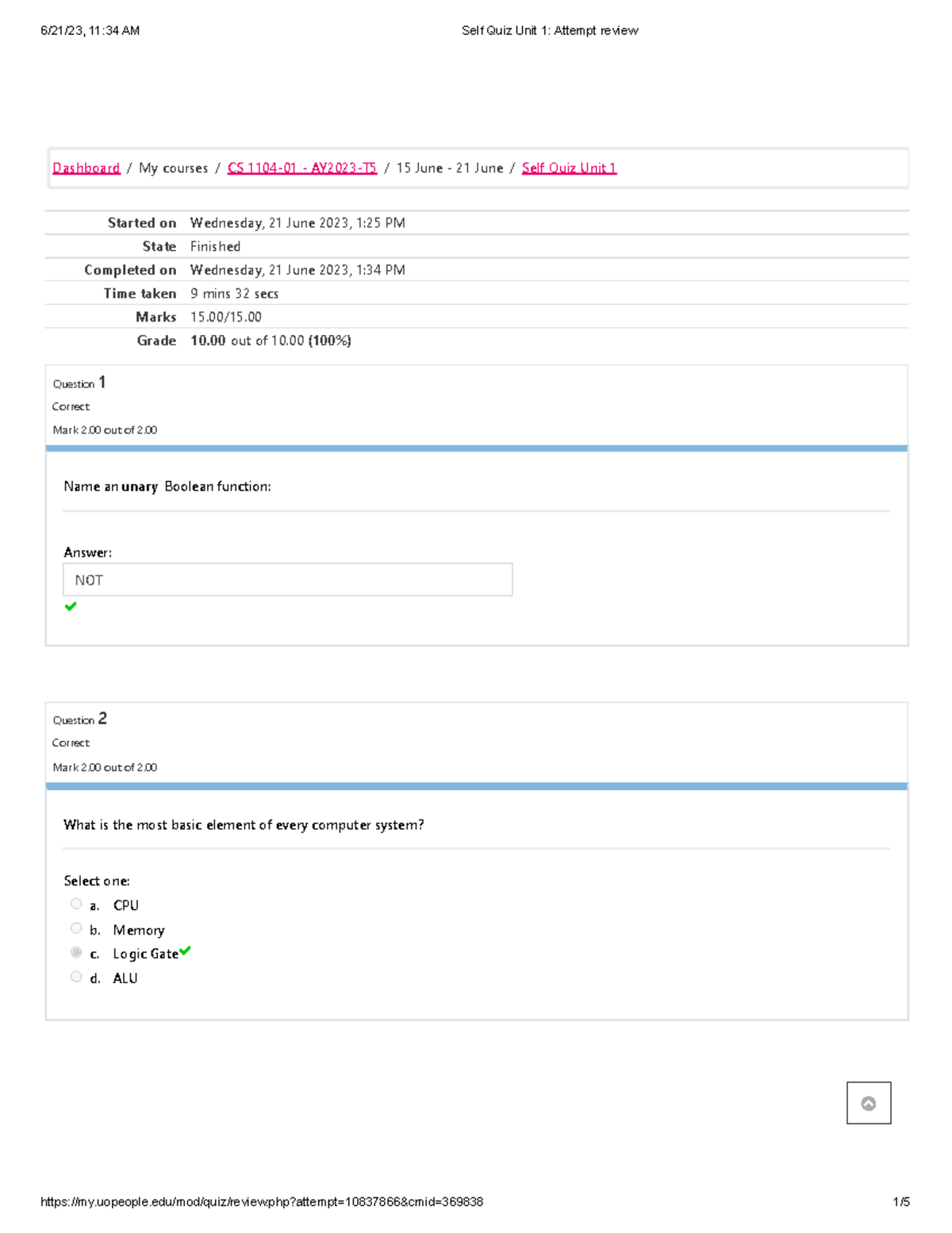 Self Quiz Unit 1 Attempt review - Started on Wednesday, 21 June 2023, 1 ...