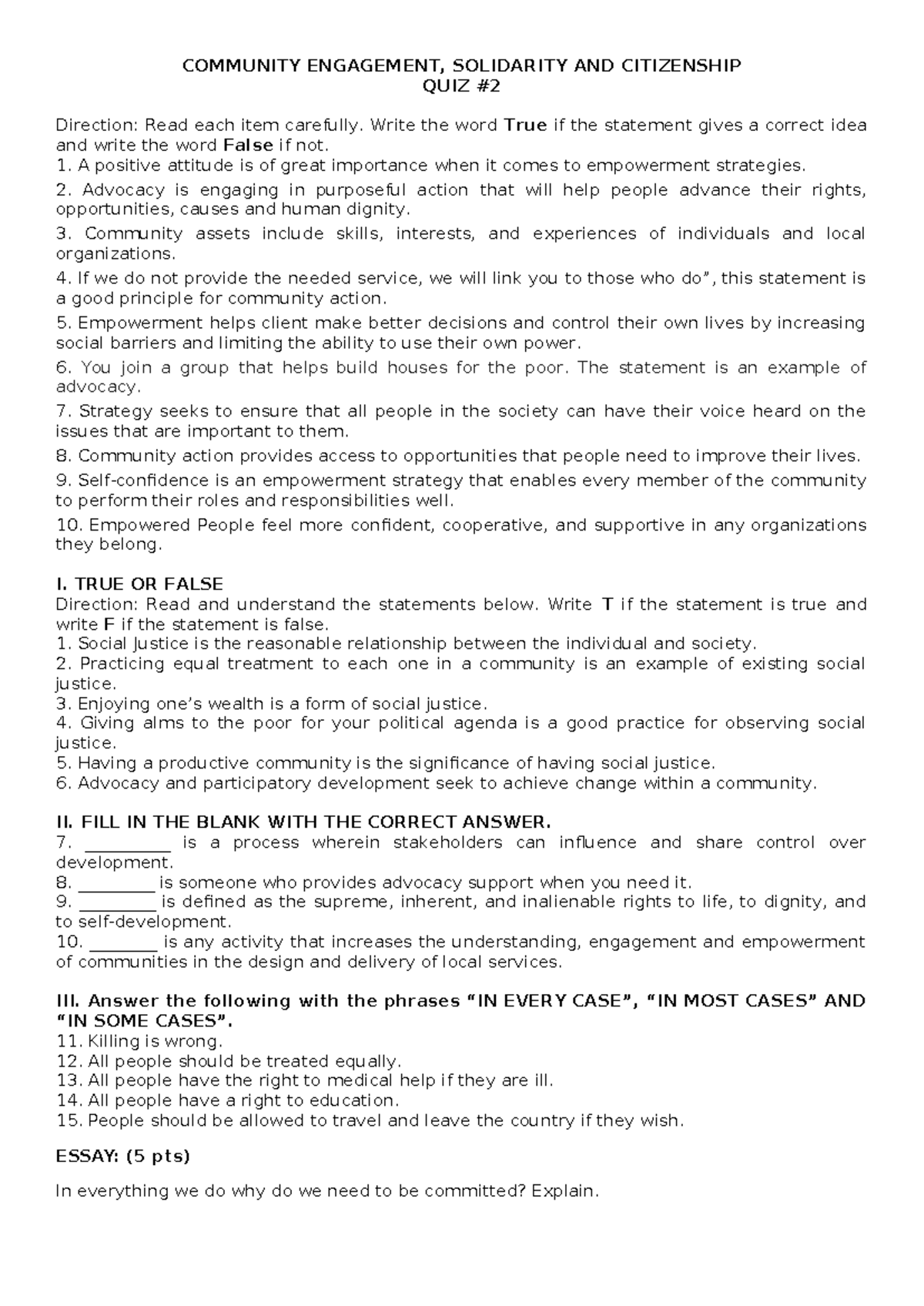 CESC Quiz 2 - NNNNNNNNNN - COMMUNITY ENGAGEMENT, SOLIDARITY AND ...