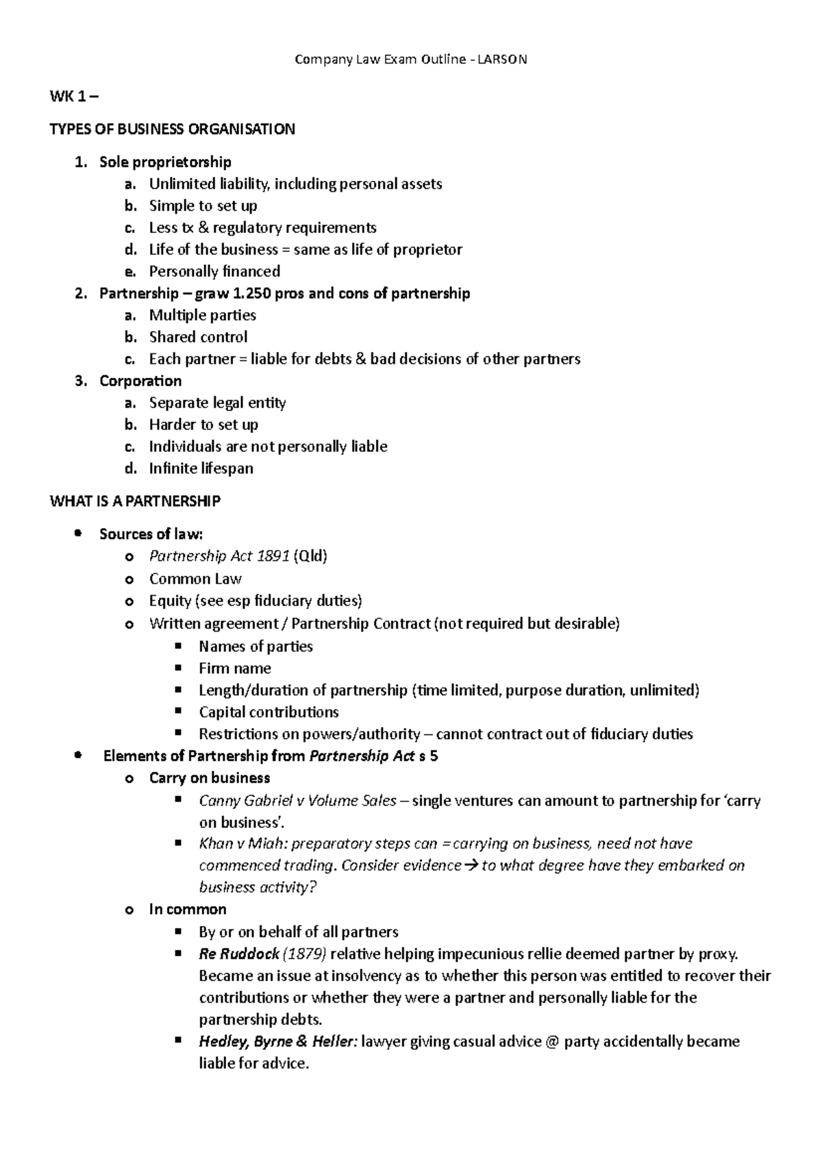 EXAM Outline Company LAW 2022 v2 - WK 1 – TYPES OF BUSINESS ...