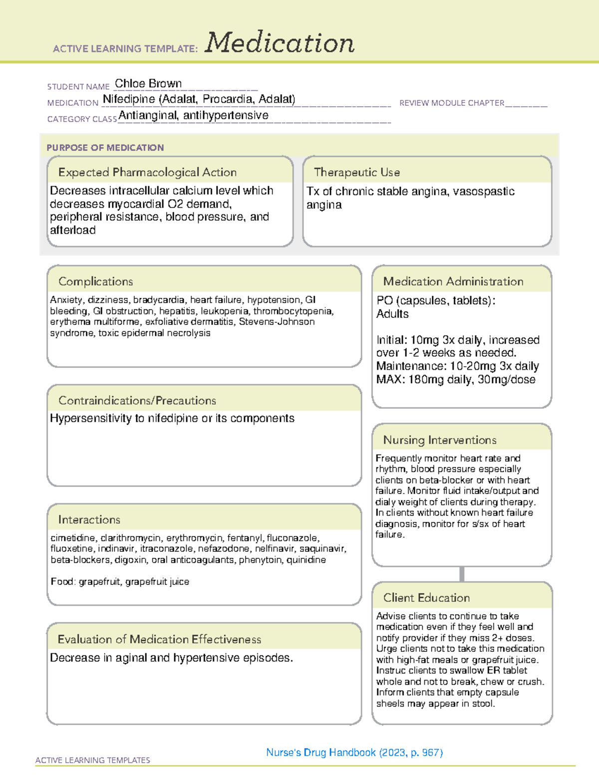 Nifedipine Drug Card - ACTIVE LEARNING TEMPLATES Medication STUDENT ...