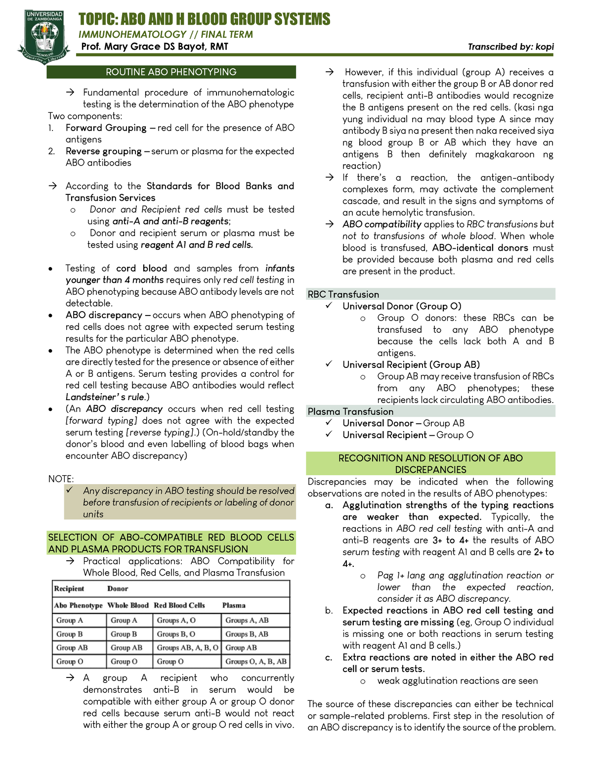 IH Blood Banking ABO Blood Group System AND Transfusion - TOPIC: ABO ...