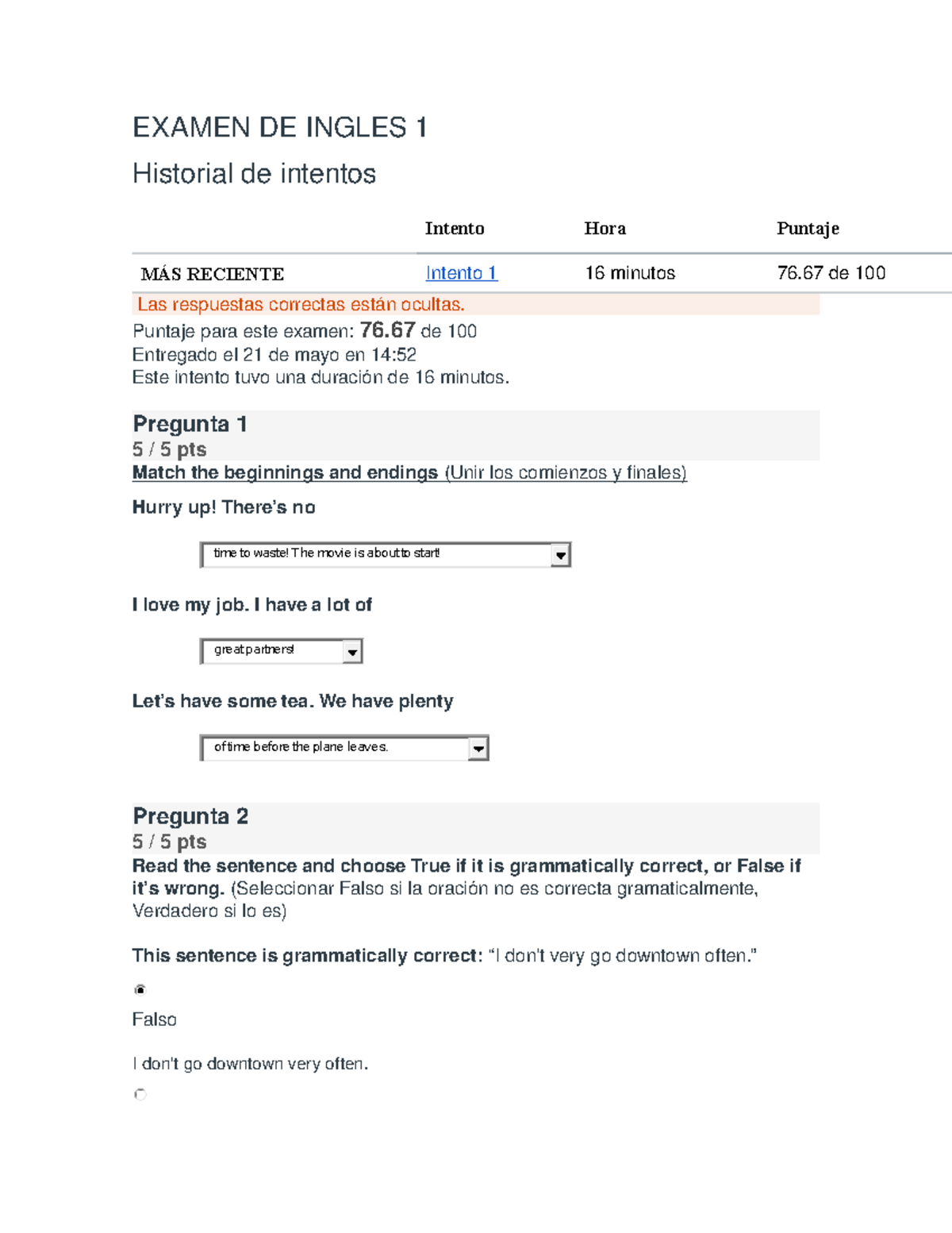 Examen DE Ingles 1 parcial john kennedy EXAMEN DE INGLES 1 Historial