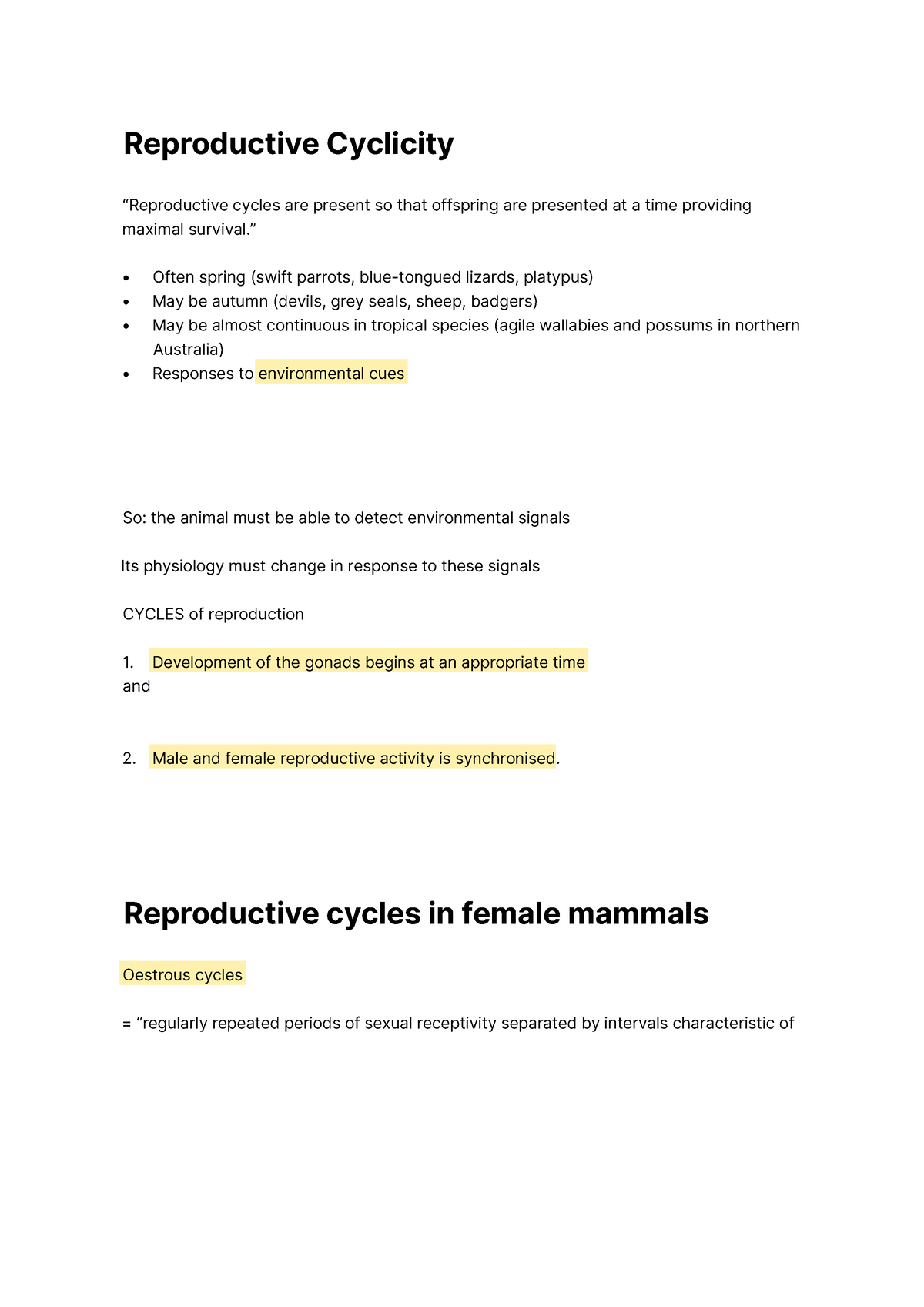 Reproduction Cycles Utas Lecture Notes Reproductive Cyclicity