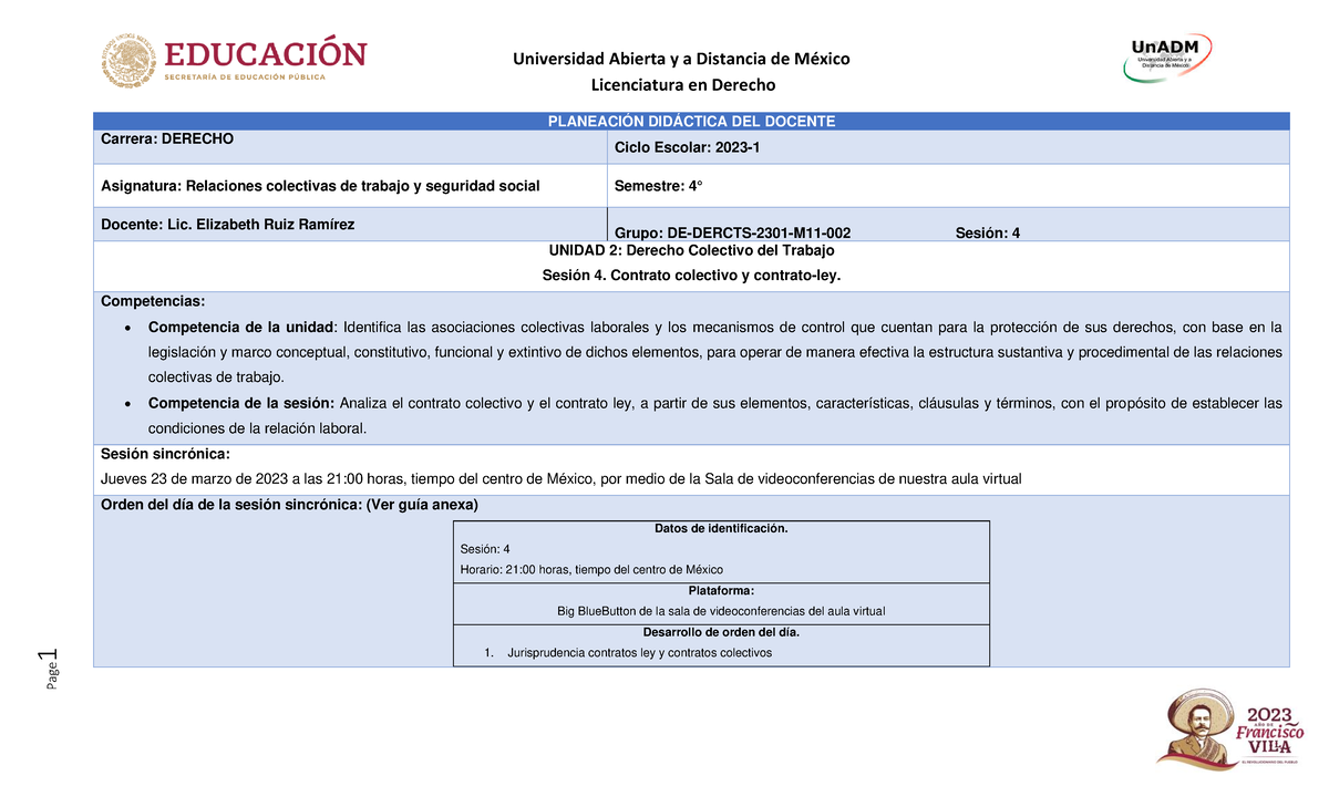 Planeación didáctica S4 Licenciatura en Derecho 1 PLANEACIÓN DIDÁCTICA DEL DOCENTE Carrera