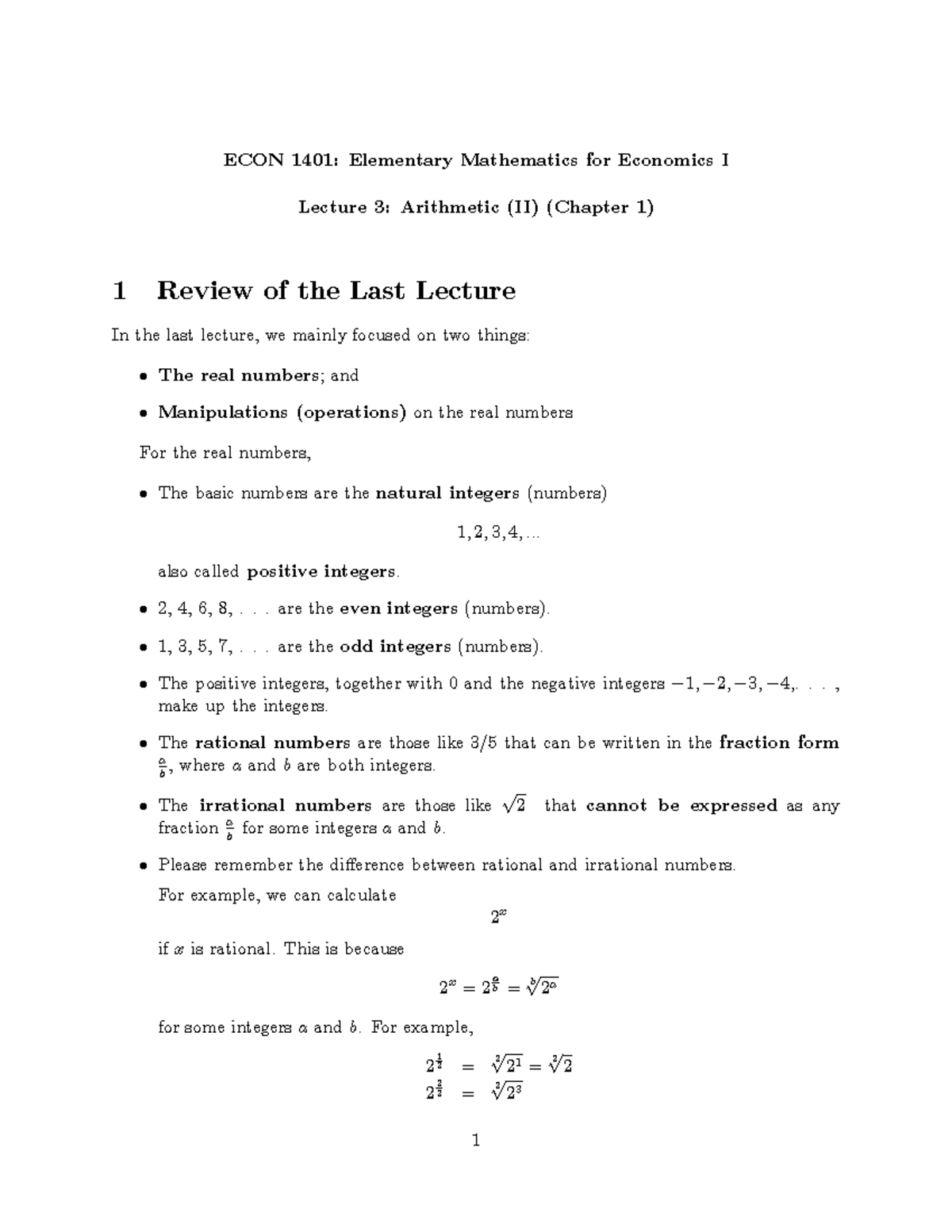 ECON 1401(lecture 3) - lecture notes - ECON 1401: Elementary ...