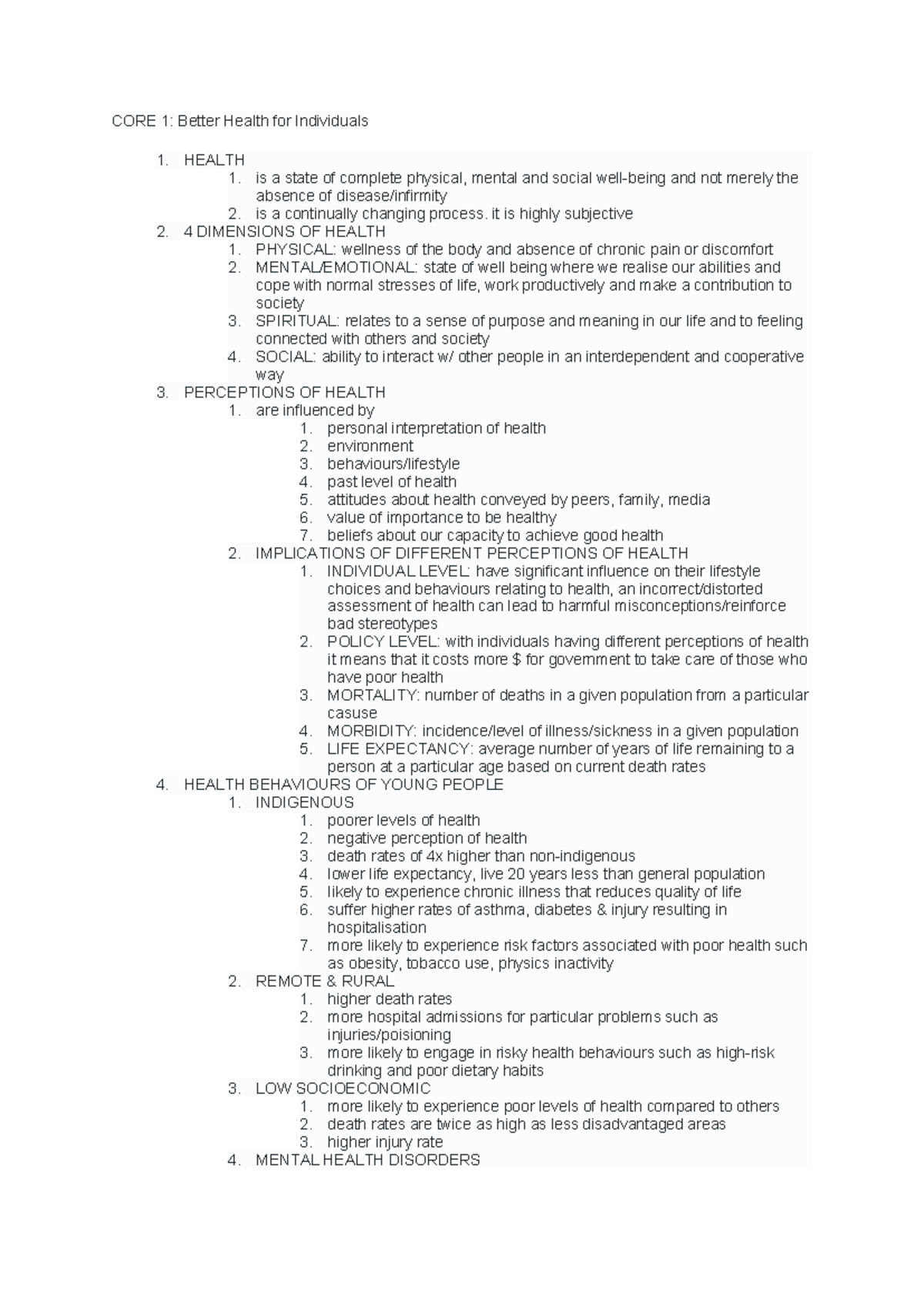 Core 1 Summary Notes - CORE 1: Better Health for Individuals 1. HEALTH ...