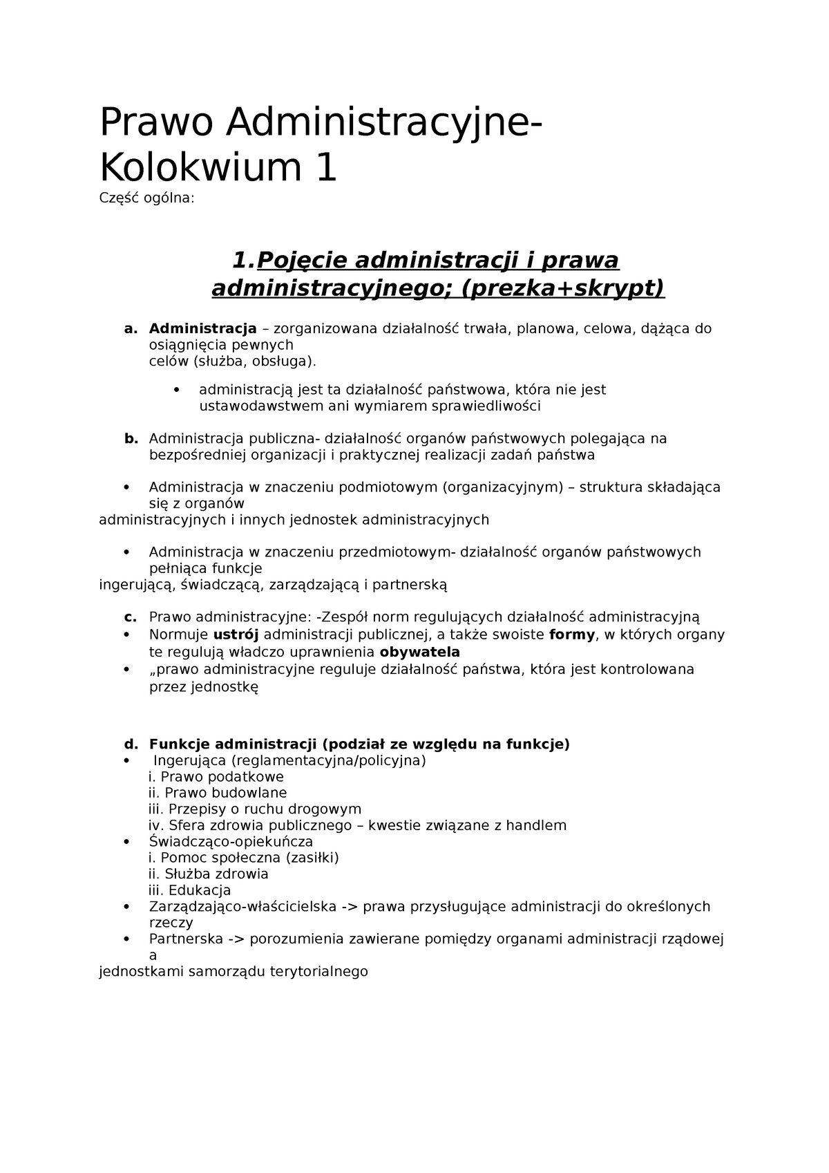 Prawo Administracyjne Podstawy - Prawo Administracyjne- Kolokwium 1 ...